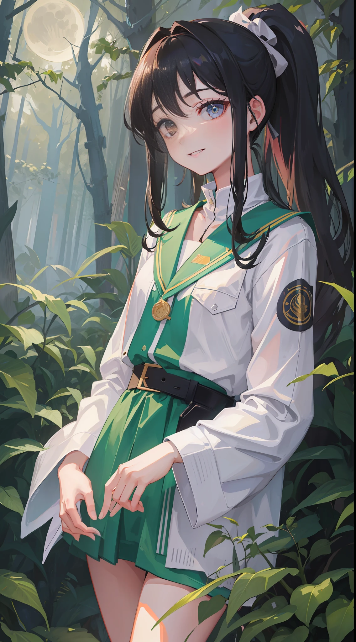 Top Quality,Masterpiece,Ultra Detail,High Definition,Absurdity, Uniform, 20 years old, 1 girl, Black hair, Full body, Ponytail, Moonlight, Standing in the dark forest, Refreshing smile, Confidence, Night, Midnight, Dignified, Forest circle