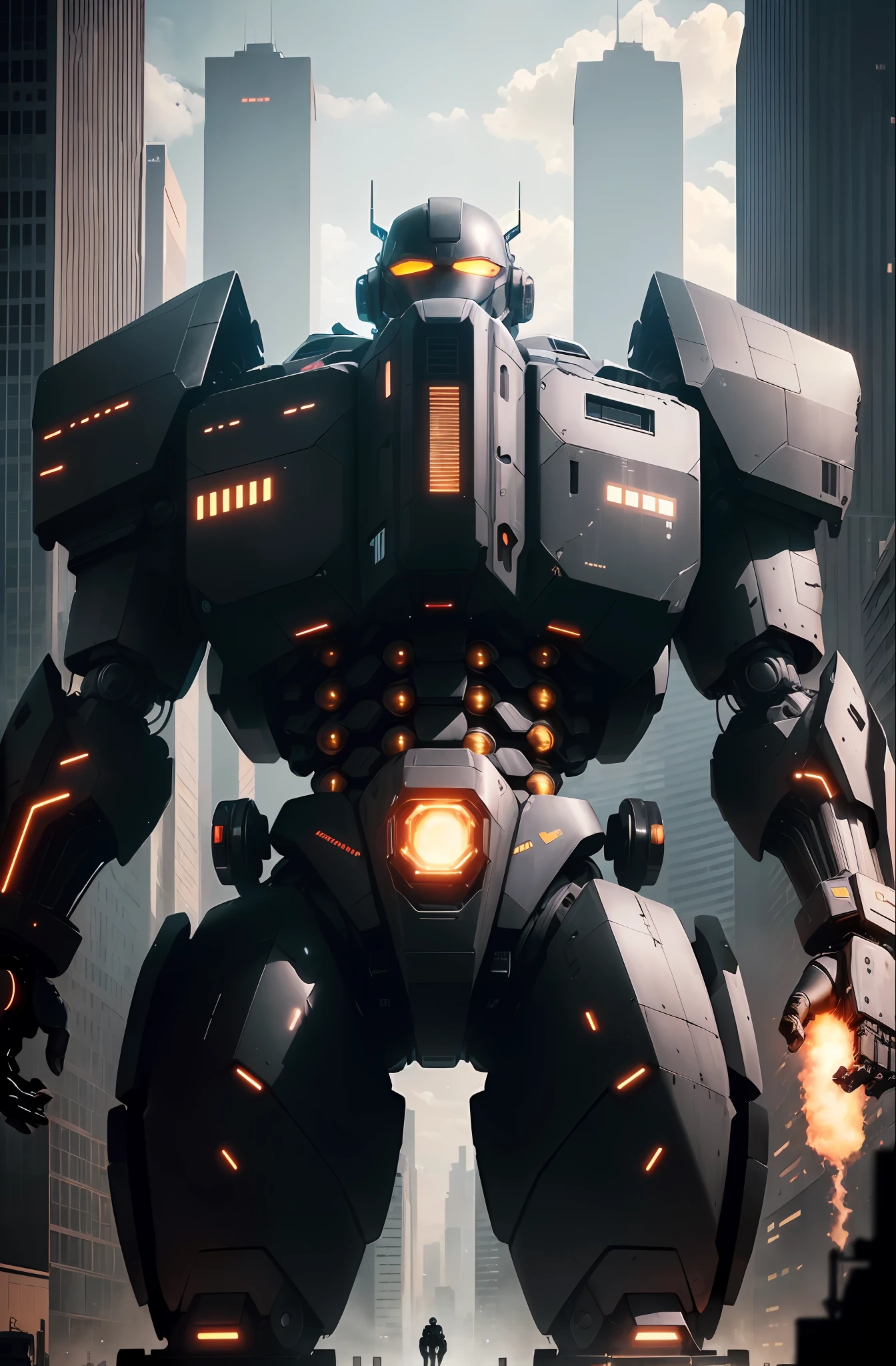 Black glowing aircraft, (super huge humanoid robot with complex structure), 500 meters tall robot, finely glowing complex parts, high definition, detailed drawing, 8K, (((black body)), peeking out of a building, urban, ground, deck-up, sophisticated form, (holding a large firearm in his right hand), large mecha,