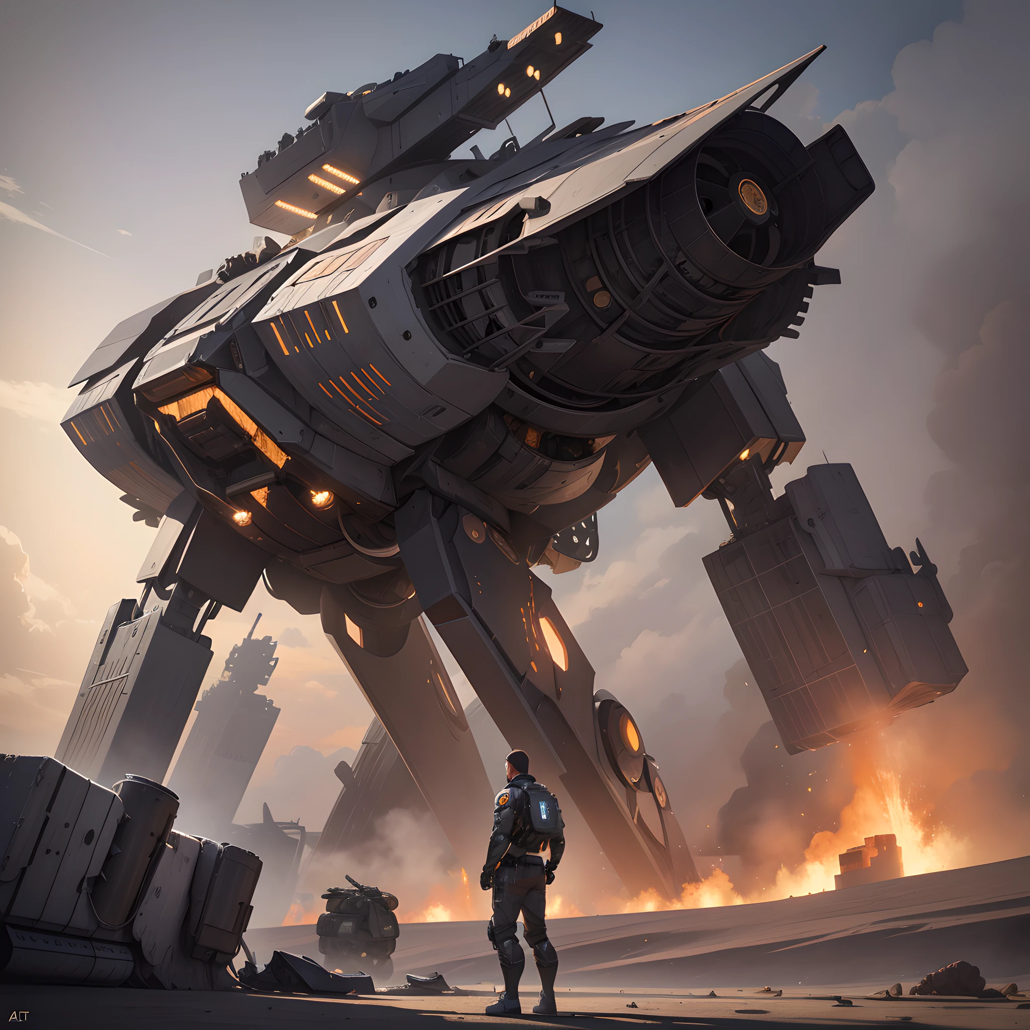 a man standing in front of a tank in a desert, trending on artstation 4k, crashed spaceship!!, whale fall, panoramic anamorphic, robotic mech parts, inspired by Jozef Israëls, trending on cgtalk, deserted, big tech art style, dead forest, by Ryan Yee, darpa, dribbble