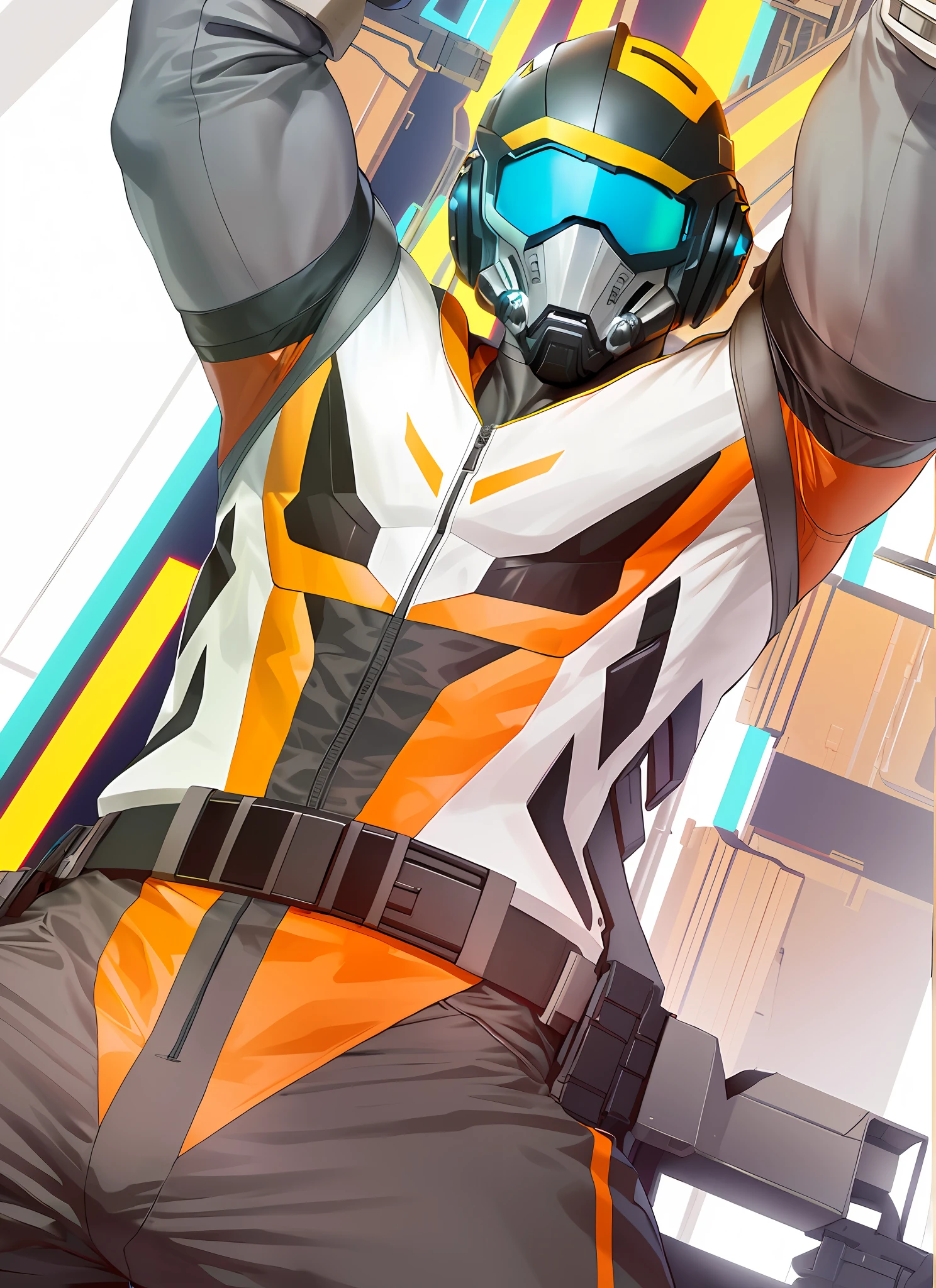 (best quality, high detail, 8K, full body), male, arafed male, muscular male, muscle, biceps, faceless, faceless male, (cyberpunk mask, cyberpunk helmet, futuristic helmet, hi-tech helmet, helmet covering all of face), outfit, (racer jacket, tight suit, gray longpants), armpits crease on suit, dynamic pose, raising arm, photoshoot on studio
