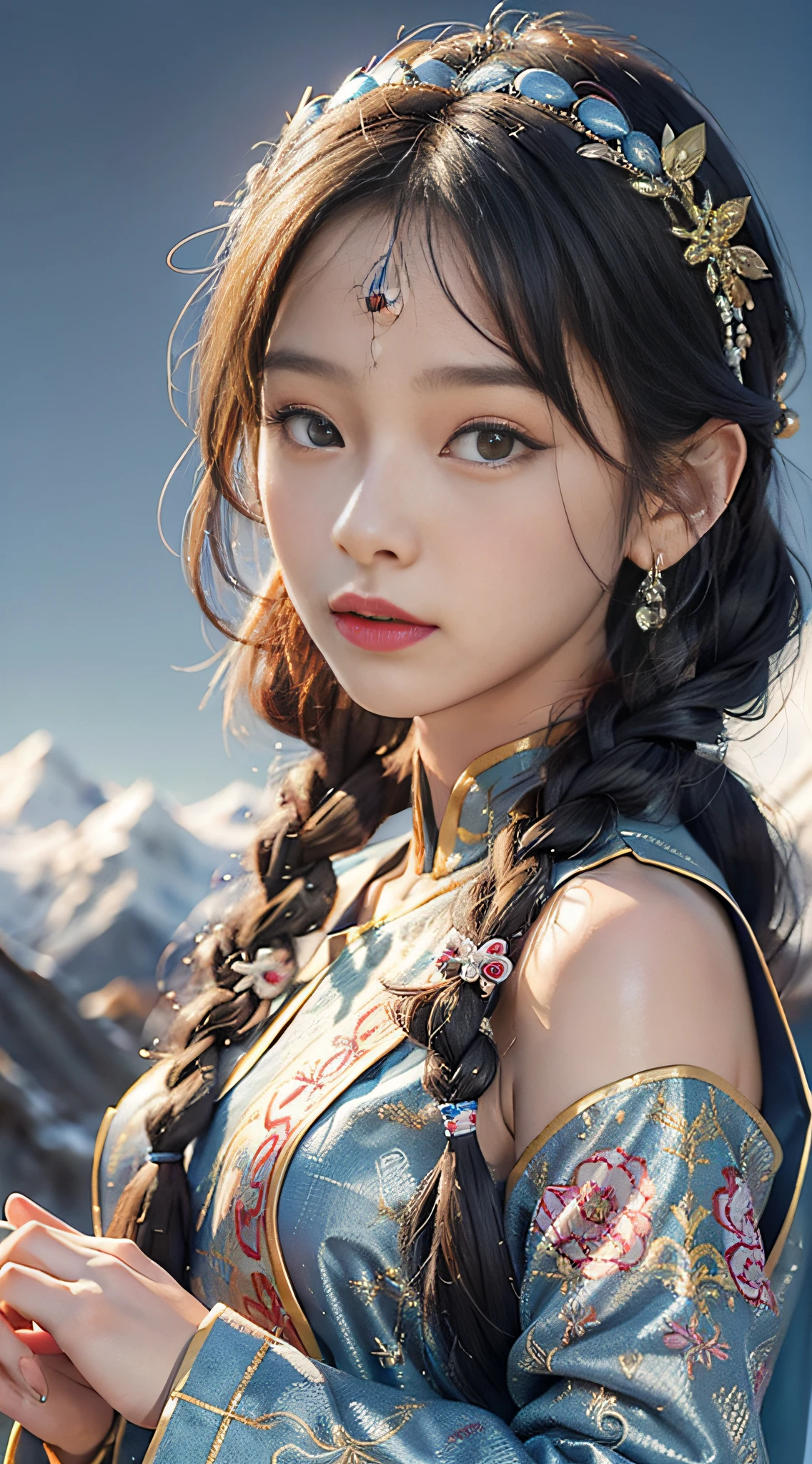 Close-up of a woman with long braids and a blue dress, Tibetan girl, a girl in Tibetan clothes, similar in appearance to Yang Chao, gorgeous Tibetan clothes, clothes with white fluff on them, clothes with bright colors, clothes color mainly navy blue, clothes color supplemented by white, Tibetan style headdresses, cumbersome headdresses, traditional beauty, white Tibetan clothes, Chinese Tibetan style, beautiful young wind spirits, beautiful and generous, gentle girl, wearing Chinese Tibetan clothing, Chinese sweet girls, Chinese clothing, real CG, Light makeup girl 0.5, sweet wind 0.3, Tibetan clothing 0.8, half, upper body, film style, HD 4K