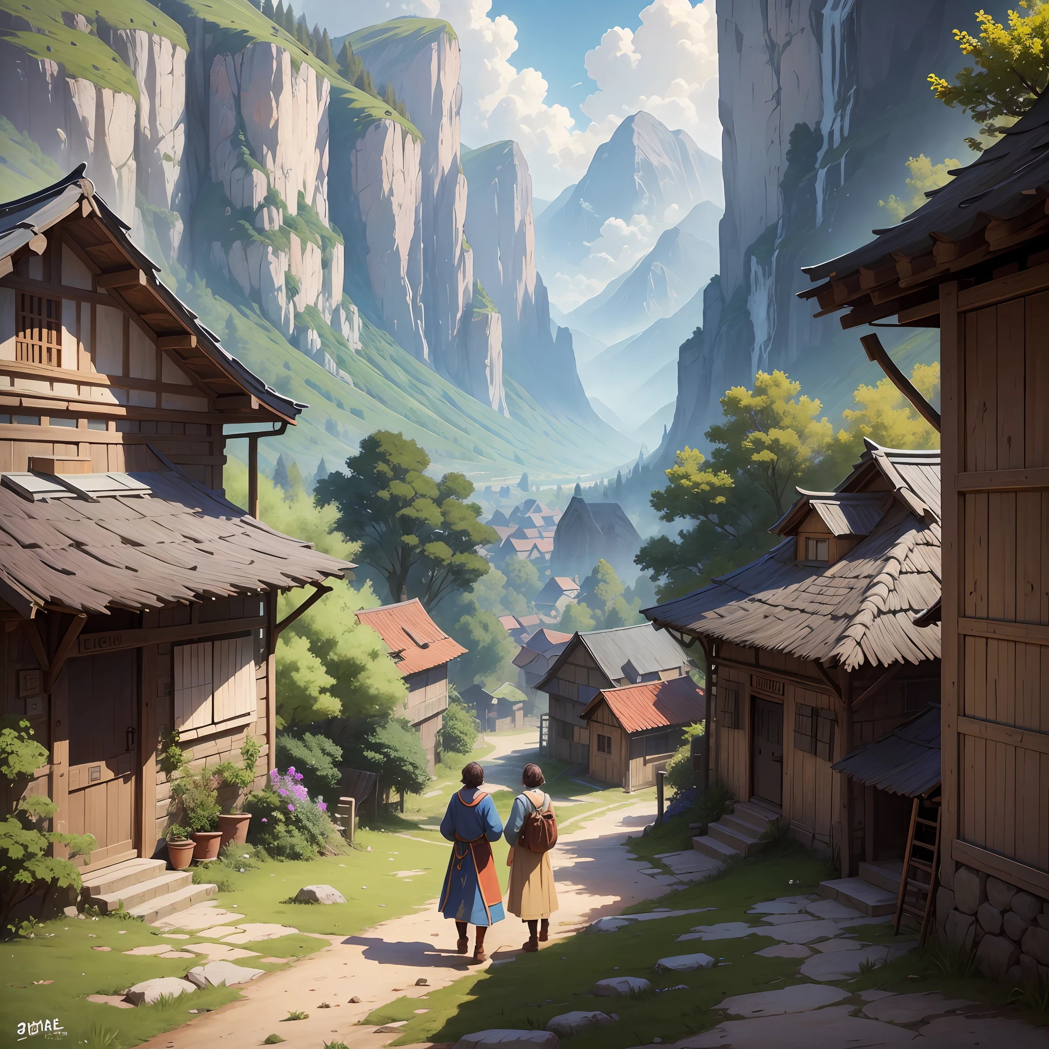 There is a village in the mountains, a villager dressed in cloth, the background is an ancient landscape, the lens angle is ultra-wide-angle, the picture quality is clear and high-definition, the resolution is 8K, the use of digital painting technology is presented, the style is biased towards the Shinkai Makoto genre, incorporating POP elements, and in line with the current Pixiv hot trend.