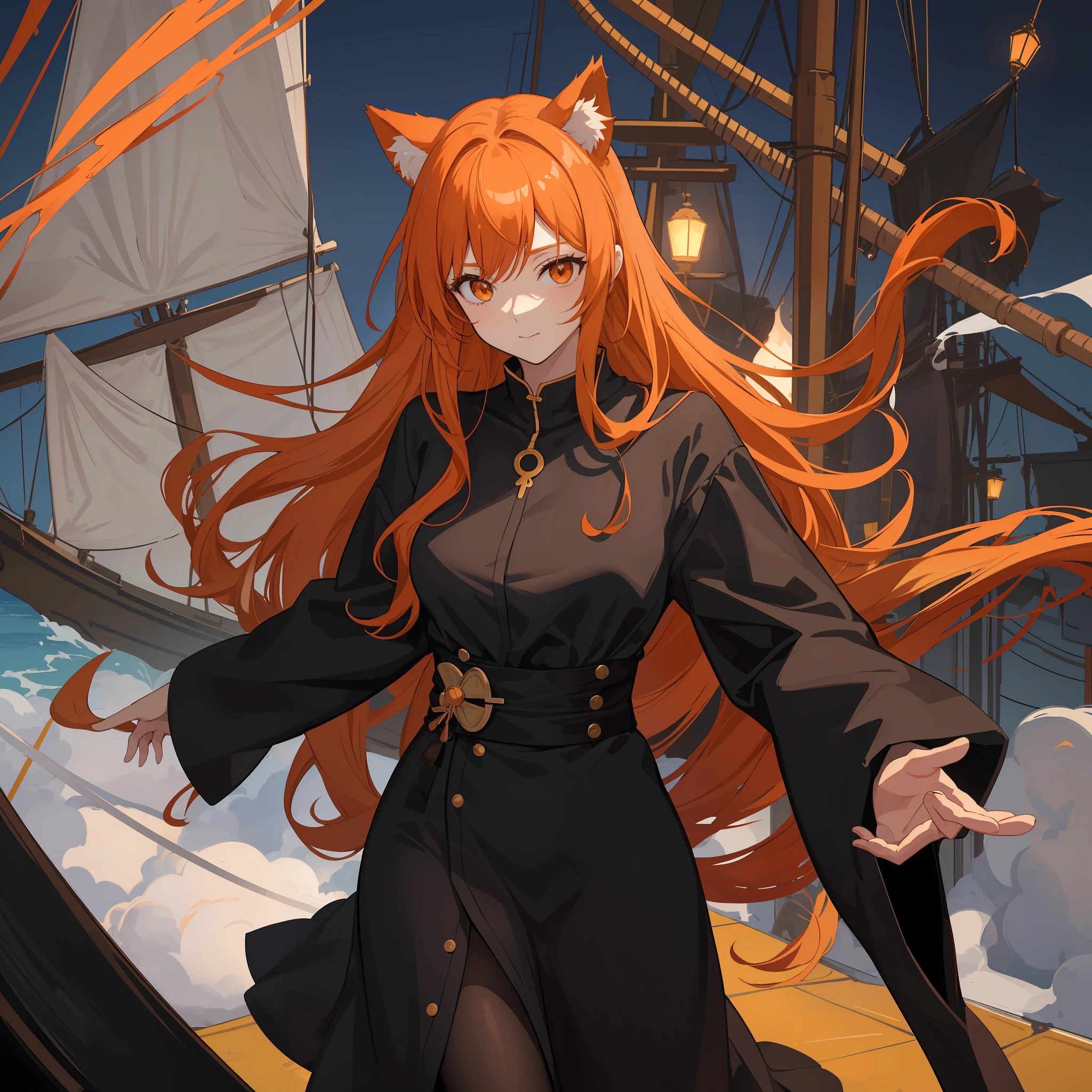 Only 1 person anime mommy with orange hair and cat ears, orange eyes, wearing black robe on the sailing ship