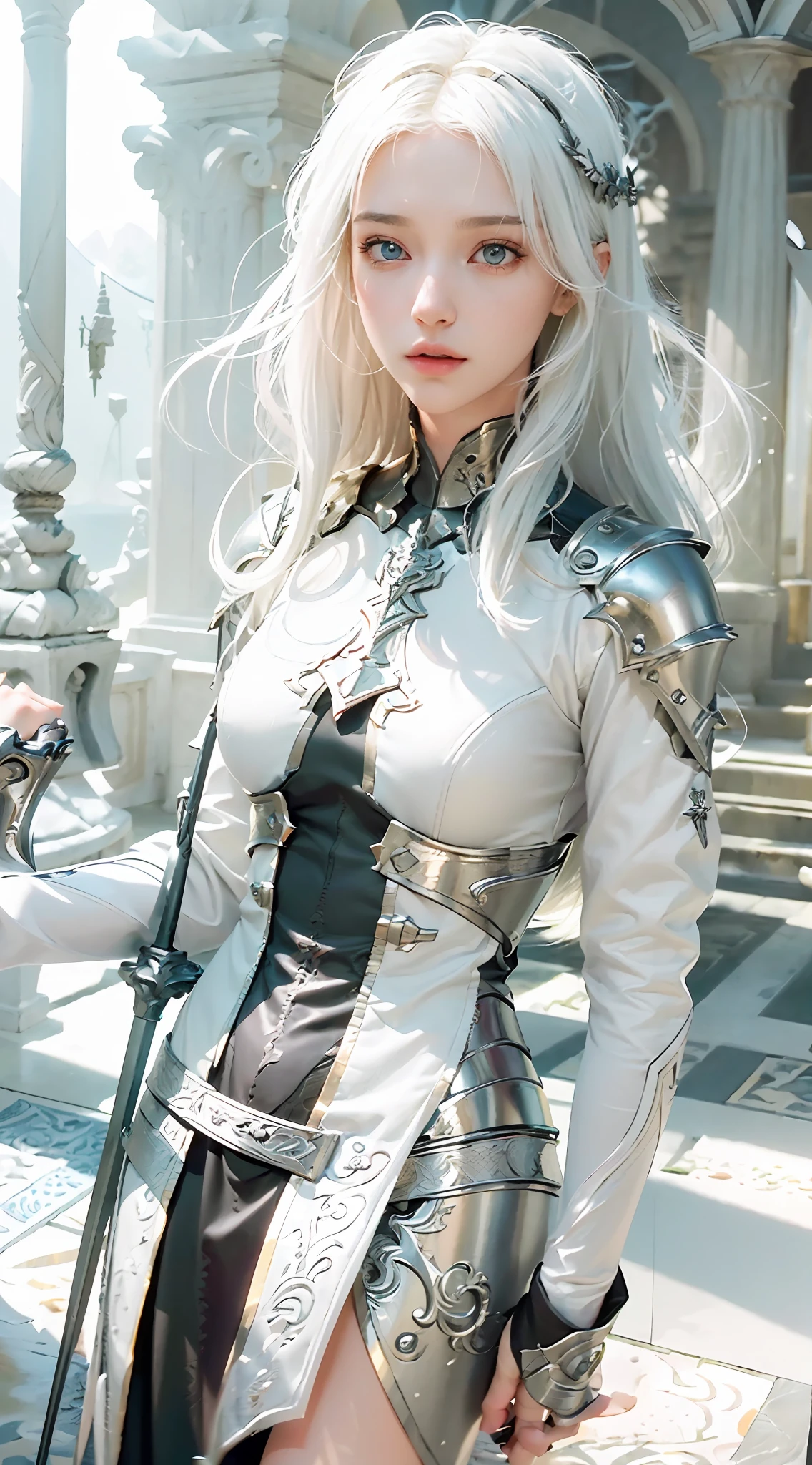 ((Best Quality)), ((Masterpiece)), (Details: 1.4), 3D, A Beautiful Female Knight, (Long White Hair: 1.9), (Red Eyes: 1.7), (Armor: 1.5), Sabre, Temple Background, Gothic Chapel, HDR (High Dynamic Range), Ray Tracing, NVIDIA RTX, Super-Resolution, Unreal 5, Subsurface Scattering, PBR Texture, Post Processing, Anisotropic Filtering, Depth of Field, Maximum sharpness and sharpness, multi-layer textures, albedo and highlight maps, surface shading, accurate simulation of light-material interactions, perfect proportions, Octane Render, two-color light, large aperture, low ISO, white balance, rule of thirds, 8K RAW,