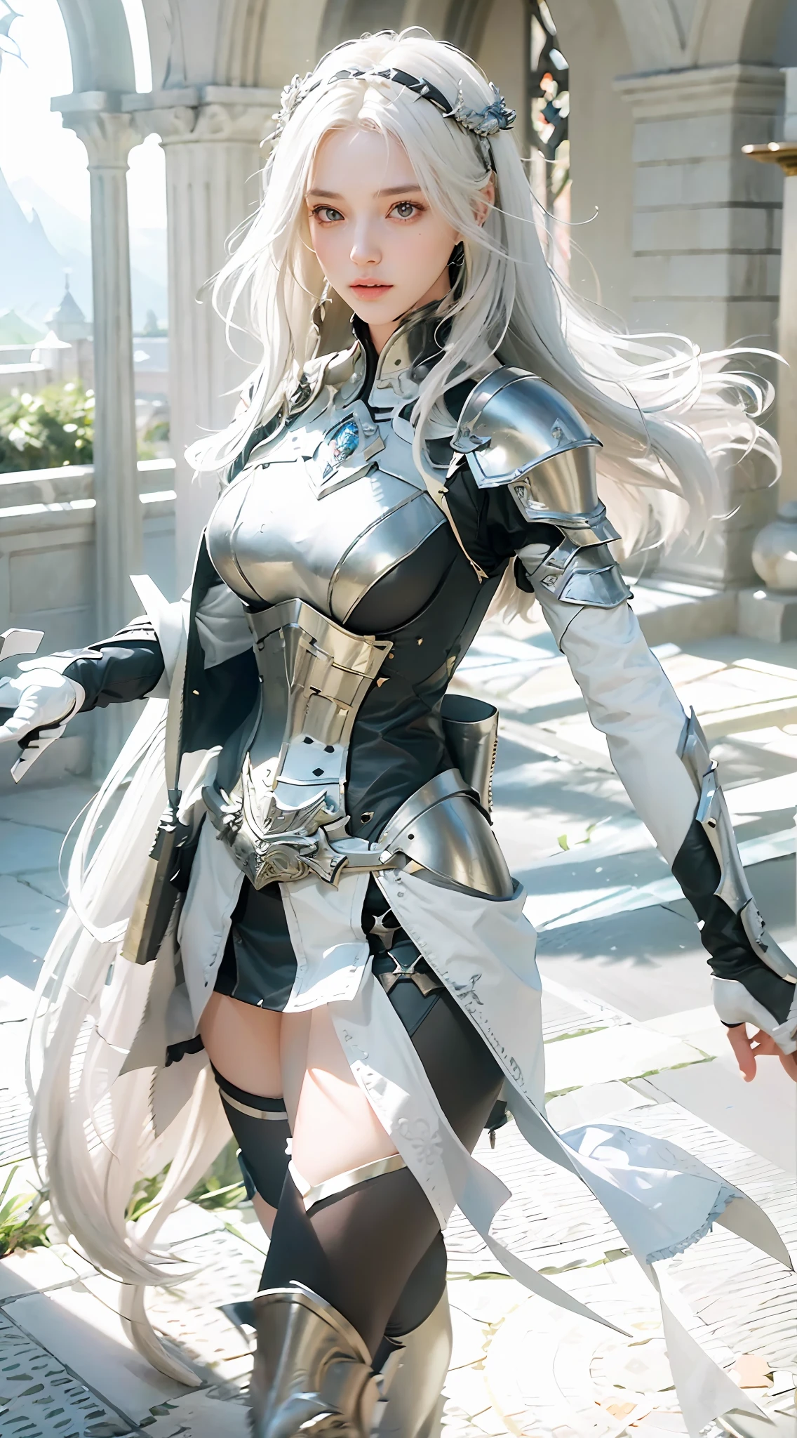 ((Best Quality)), ((Masterpiece)), (Details: 1.4), 3D, A Beautiful Female Knight, (Long White Hair: 1.9), (Red Eyes: 1.7), (Armor: 1.5), Sabre, Temple Background, Gothic Chapel, HDR (High Dynamic Range), Ray Tracing, NVIDIA RTX, Super-Resolution, Unreal 5, Subsurface Scattering, PBR Texture, Post Processing, Anisotropic Filtering, Depth of Field, Maximum sharpness and sharpness, multi-layer textures, albedo and highlight maps, surface shading, accurate simulation of light-material interactions, perfect proportions, Octane Render, two-color light, large aperture, low ISO, white balance, rule of thirds, 8K RAW,