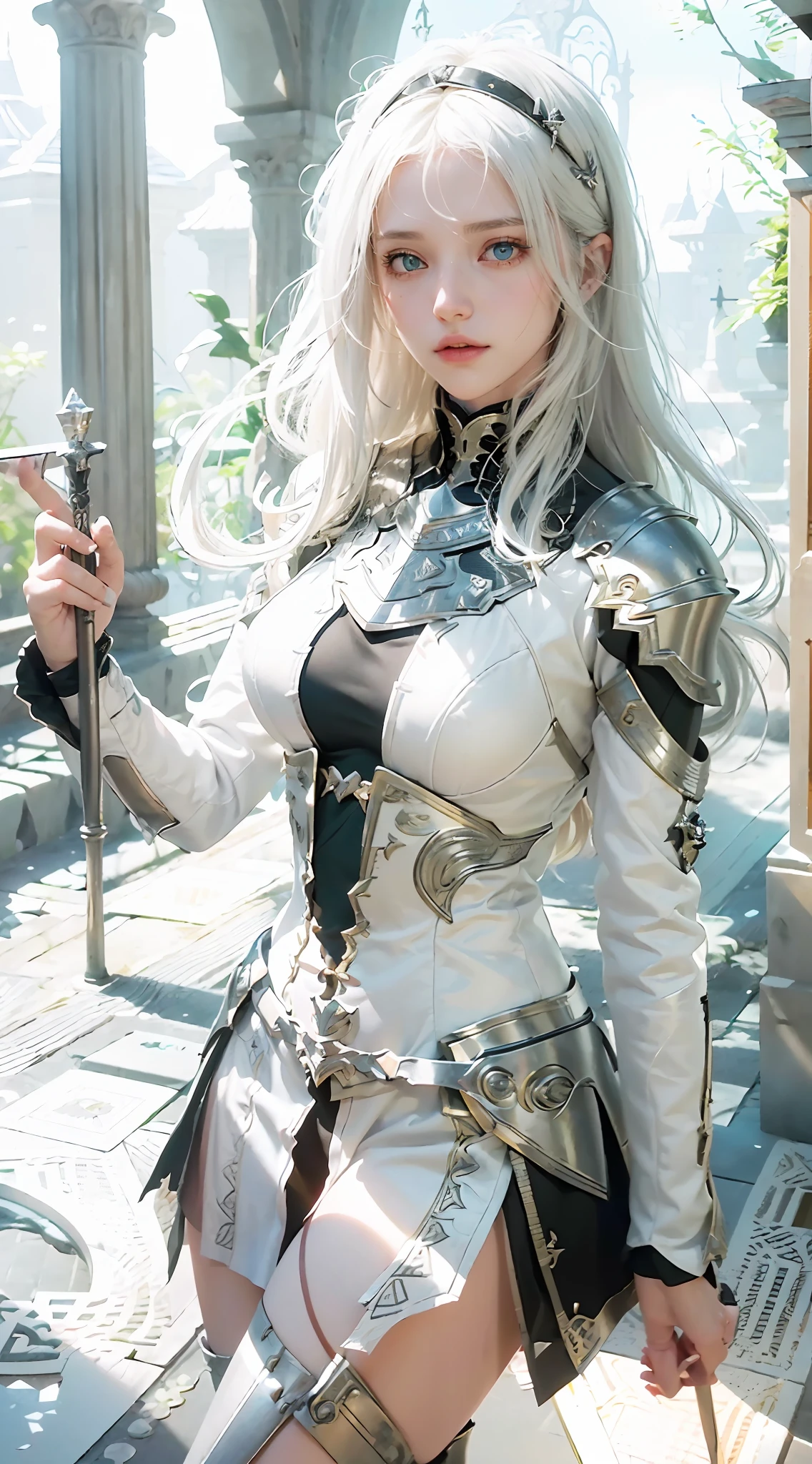 ((Best Quality)), ((Masterpiece)), (Details: 1.4), 3D, A Beautiful Female Knight, (Long White Hair: 1.9), (Red Eyes: 1.7), (Armor: 1.5), Sabre, Temple Background, Gothic Chapel, HDR (High Dynamic Range), Ray Tracing, NVIDIA RTX, Super-Resolution, Unreal 5, Subsurface Scattering, PBR Texture, Post Processing, Anisotropic Filtering, Depth of Field, Maximum sharpness and sharpness, multi-layer textures, albedo and highlight maps, surface shading, accurate simulation of light-material interactions, perfect proportions, Octane Render, two-color light, large aperture, low ISO, white balance, rule of thirds, 8K RAW,