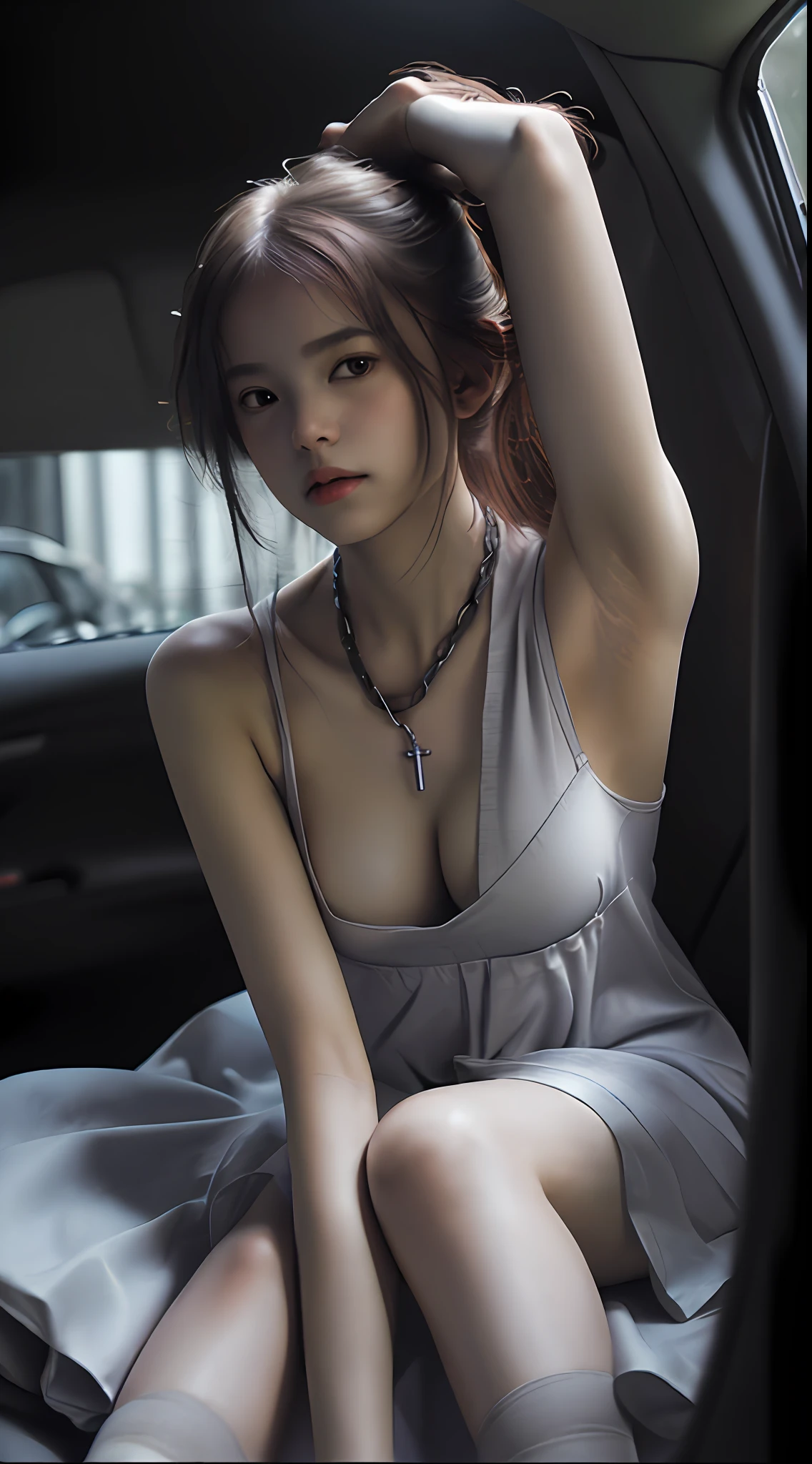 Cool Beauty Beauty Serious Theme, ulzzang-6500-v1.1, (Raw photo:1.2), (Photorealistic:1.4),Seen from below, Beautiful detailed girl, Beautiful breasts with neat lower body small breast proportions, Very detailed eyes and face, Beautiful detailed eyes, ridiculous, incredibly ridiculous, huge file size, super detailed, high resolution, very detailed, top quality, masterpiece, venue with a lewd atmosphere, ((Japan girl underground idol)), illustration, very detailed, cg, unification, 8k wallpaper, wonderful, fine details, (tiny little breasts, the most lewd expression sexually aroused with eyes closed), small breasts, beautiful lower body neat and beautiful proportions, (-yeld giwith a sensual look, no makeup) masterpiece, Top quality, highly detailed CG uniform 8k wallpaper, light on face, boyfriend's bed in the dark, disheveled outfit mini nightgown, of a 17-year-o giith ansual expression (without panties) (no bra)), ((posing with hands crossed above head showing armpits in car seat))), (showing small breasts), (half), disheveled outfit sexual mini nightgown) ((( No panties) (no bra)), (Pose with arms crossed above head showing sides in a car seat in the dark, exposing soft skin) (Composition is a pose pose in which a 17-year-old girl wh asual ression leans against a car seat, shows her armpits, and crosses her hands above her head) (Red dog collar and chain lead around her neck)) (Lying down with hands raised) (ecstatic sensual expression), ( 17-year-old girl with sensu exsion, makeup) disheveled nightgown ((without panties)), ((sexual dynamic pose))), (camel toe), (hands stretched up and crossed), (legs open and thighs open), (poses with arms crossed over head showing sides), (showing unobstructed crotch), (gray pantyhose), (without panties)), ( Sitting with legs bent at the knees)) (((legs open and open to the thigh))) (left side of the screen is the sunset light, right side is dark with shadows) (strobe lighting) (pose with han