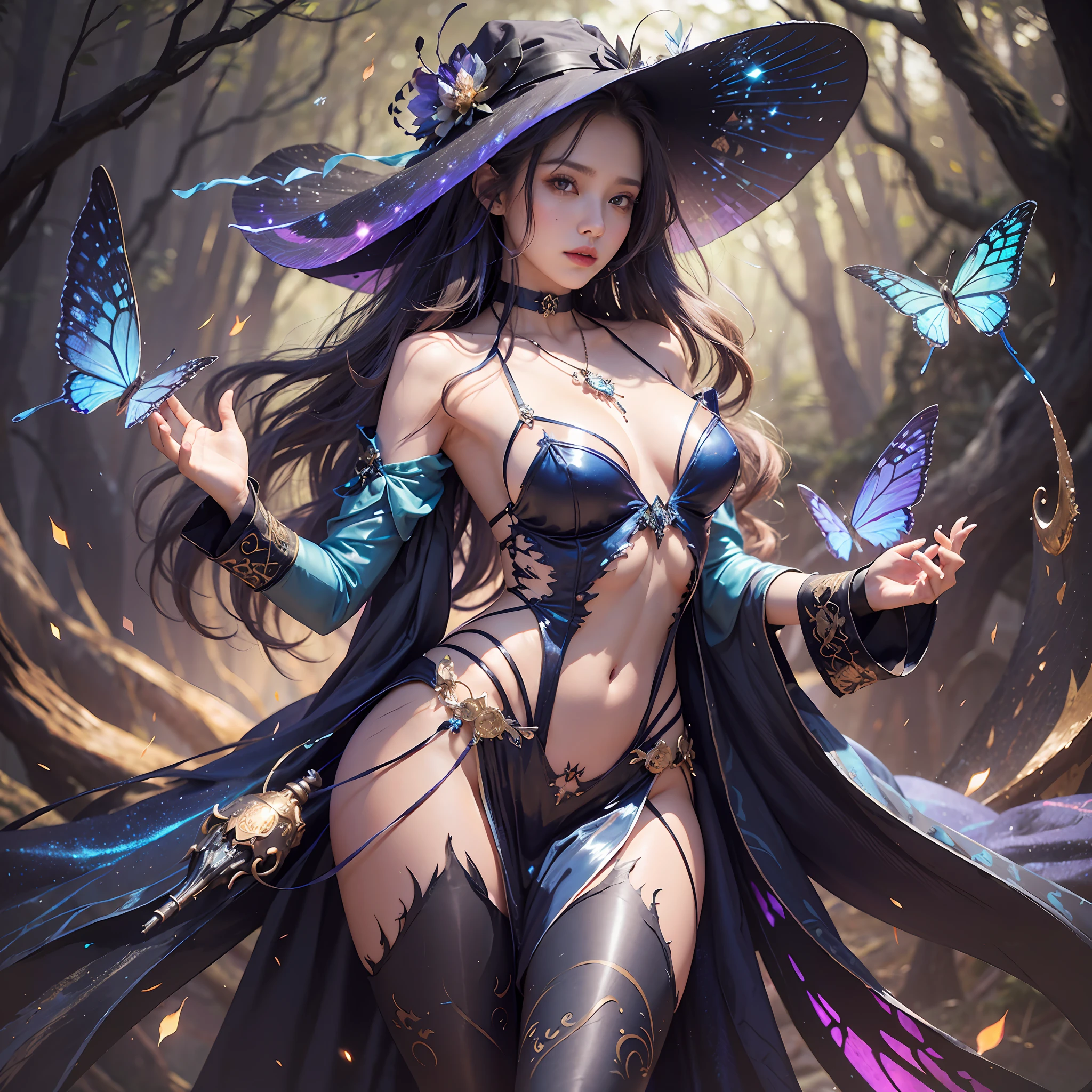 sexy full shot body photo of the most beautiful artwork in the world, illustration, cinematic light, fantasy, highres, highest quallity, ultra detailed, best quality, masterpiece, (detailed face), sexy mature woman wears a shirt and (torn) fullbody (transparent galaxy) cloths coat, floating cloth, choker, glowing (elder underworld fantasy) forest plants with neon details, open shoulders, tiny glowing butterfly, hair jewery, wearing a torn witch hat, (focus on body:1.25), night, small mutated animals in background, torn mini skirt ,a potion on hip, shoulder pads emitting magic energy, cameltoe, dark, light reflection --auto --s2