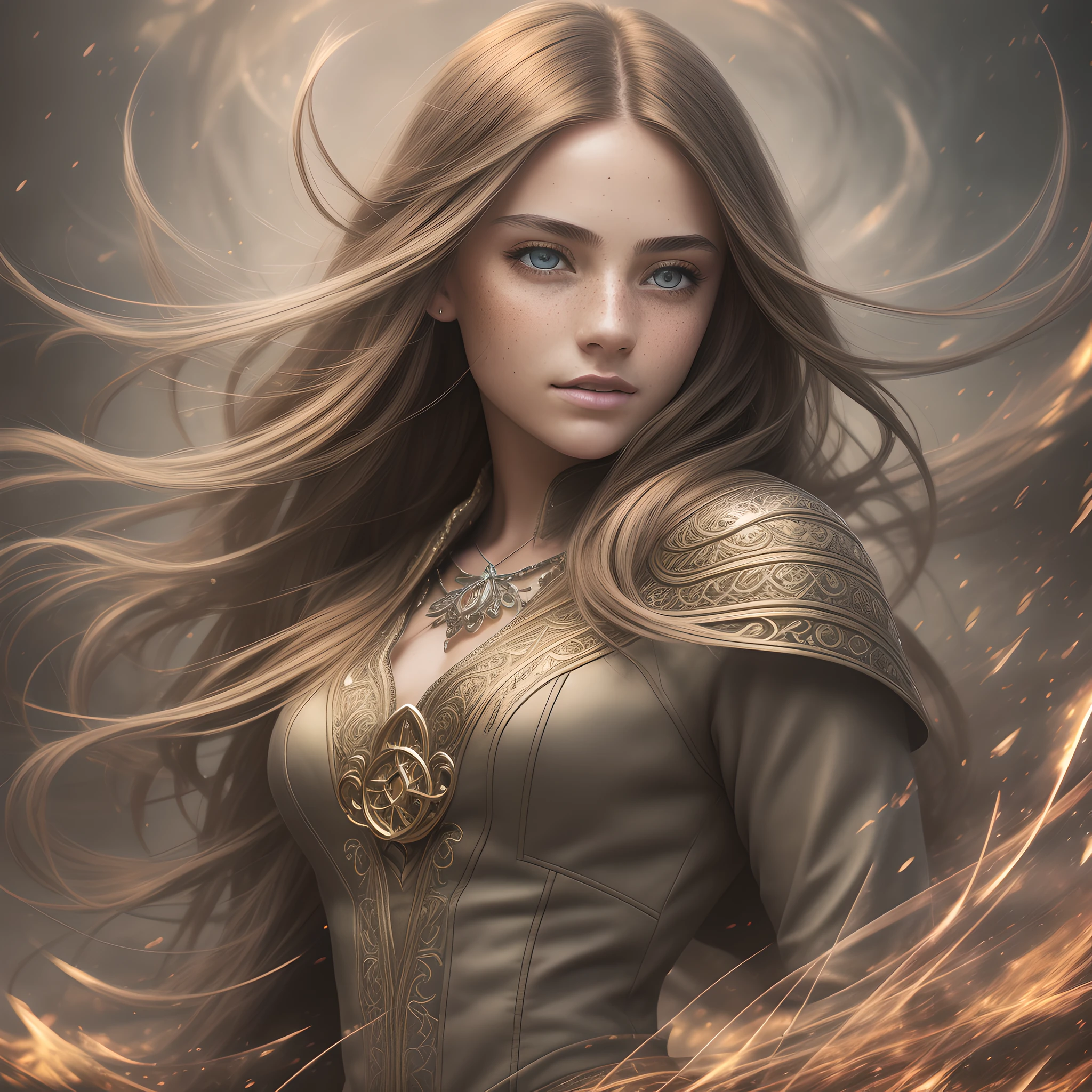 photorealistic, 35mm, intricate details, hdr, intricate details, hyperdetailed, natural skin texture, hyperrealism, sharp, 1 girl, adult (elven:0.7) woman, freckles, grey eyes, chestnut layered hair, portrait, looking down, solo, half shot, detailed background, shouldered hood, witch, alchemist, magical atmosphere, hair flowing in the wind, red trimmed light colored clothes, whirlwind of swirling magic spell in the air, dark magic, (style-swirlmagic:0.8), floating particles, desolate battlefield background, backlighting, (((masterpiece))), (((masterwork))), ((top quality)), ((best quality)), ((highest quality)), ((highest fidelity)), ((highest resolution)), ((highres)), ((highest detail)), ((highly detailed)), ((hyper-detailed)), (((detail enhancement))), ((deeply detailed)), ((8k resolution)), awe inspiring, breathtaking, uhd, hdr, fhd, 8k, 16k, 32k, 64k, meticulous, intricate, intimate, nuanced, (((the most beautiful images in existence))), (((the most beautiful artwork in the world))), (raw photo, film grain), caustics, subsurface scattering, reflections, , ,