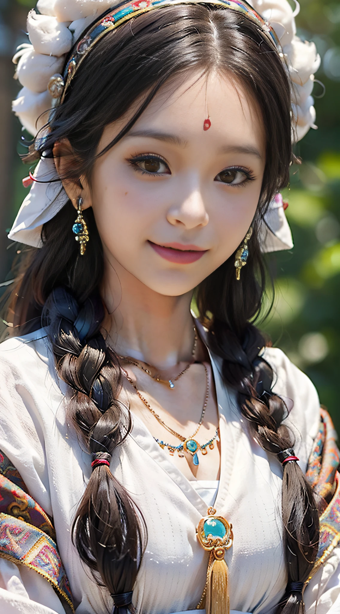 A girl, long braids, Tibetan girl, close-up, slightly raised head, smile, bust photo, upper body, appearance Yang transcendence, gorgeous Tibetan costume, cumbersome Tibetan necklace, cumbersome Tibetan headdress, fluff on clothes, white animal flull, real person CG, sweet style, film style, HD 4K