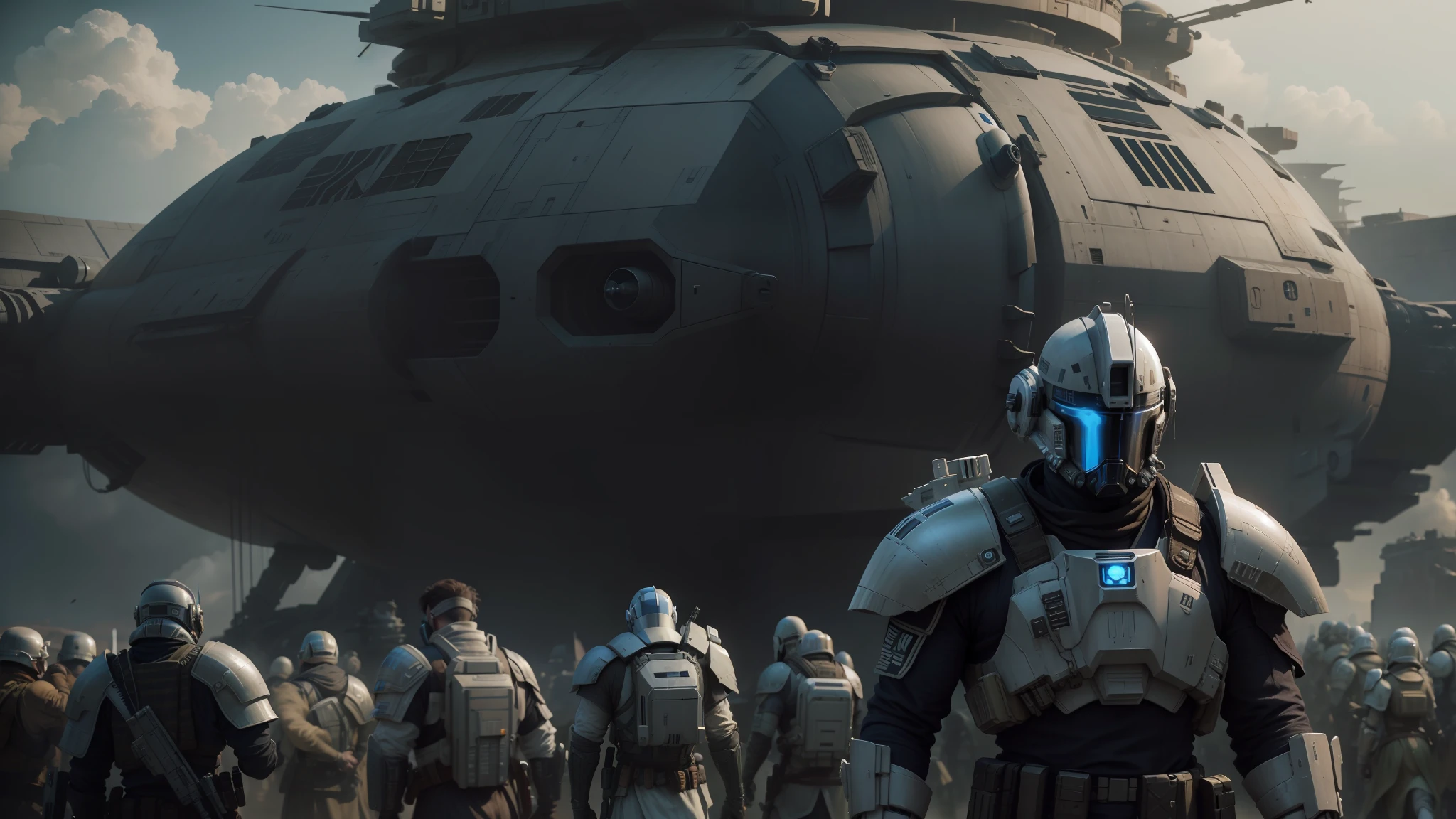 arafed image of a group of people in front of a helicopter, jedi fallen order teaser, anamorphic widescreen, inspired by Kanō Tan'yū, in white futuristic armor, dredd, roaming the colony, artist rendition, soldiers running, stardestroyer in the background, riven --auto --s2