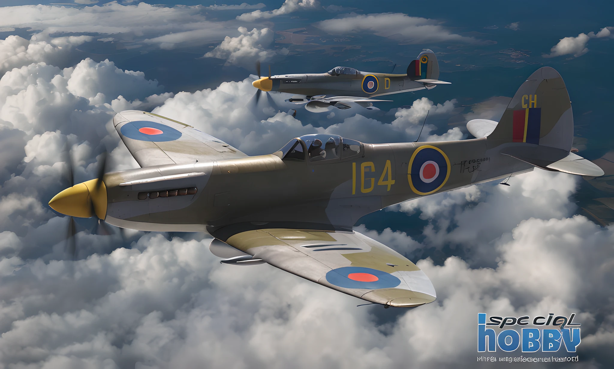 three planes flying in the sky with clouds below them, by Bob Ringwood, by Derek Hill, spitfire, highly rendered!!, cgi rendering, cgi render, by Wayne England, war thunder game, rendered in keyshot, render, by Richard Mayhew, by Gavin Nolan, by Jason Felix, close portrait, final render, high res render, close angle