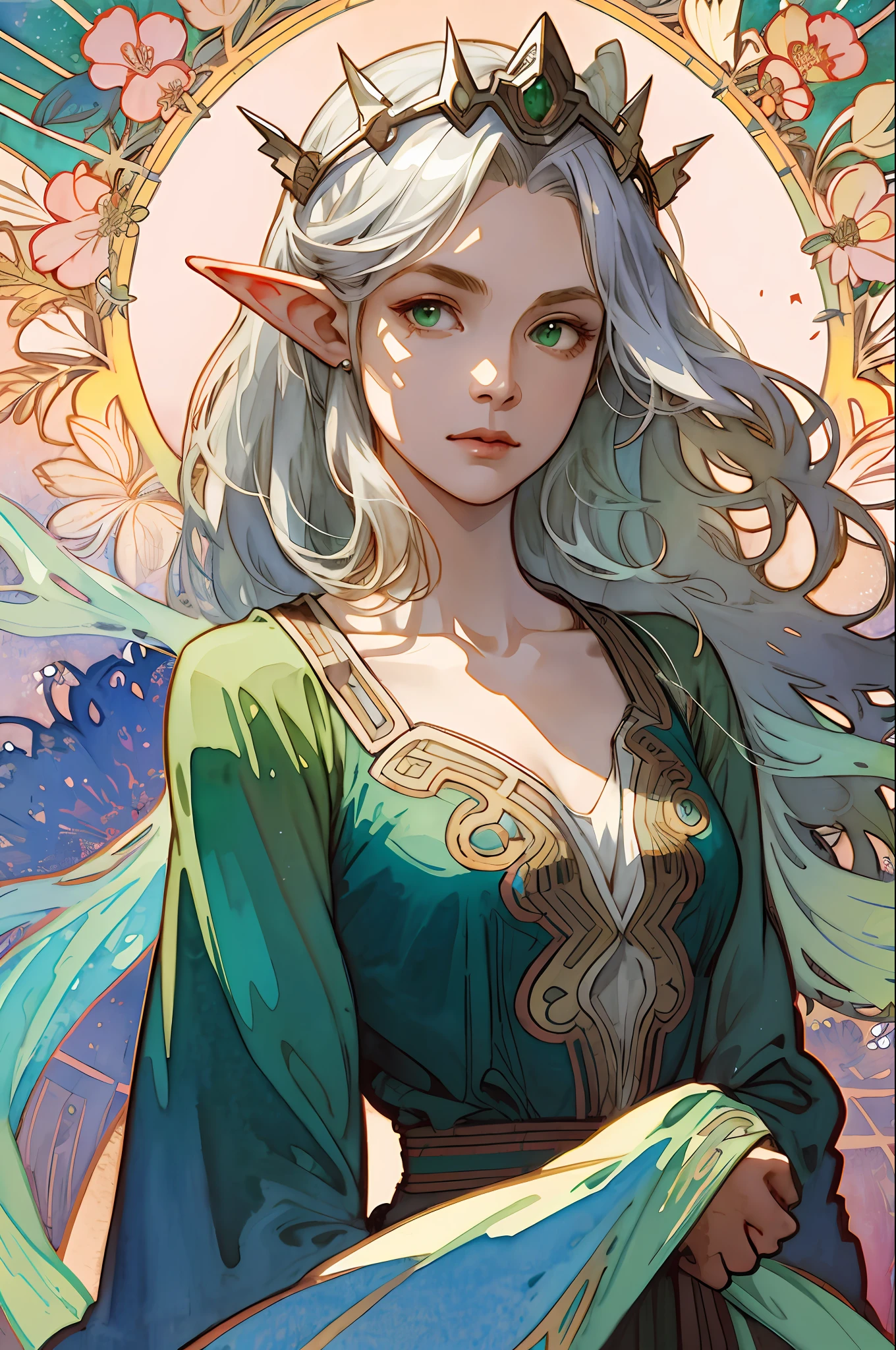 Vintage,(Best Picture), (Watercolor), ((Matte)), ((by Mucha)), (Thick Outline),((Beautiful Face)), Flowing Lines, (High Resolution, Super Detail), Elf, 1 Girl, 28 Years Old, Skinny,Thin, Straight Long Hair, Beautiful Silver Hair, Green Eyes, Parted Bangs, Hair Swaying in the Wind, Simple Tiara, White Skin, Front and Upper Body, Standing, stunning queen dress in green, armor, collarbone, geometric pattern, (flower), front, hand down, soft air, serious face, wind magic,