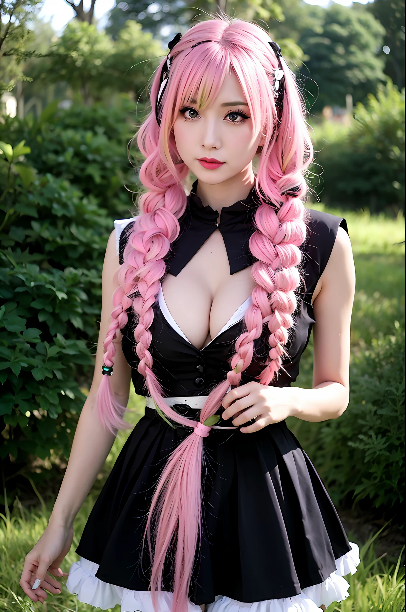 Short black and white costume with pink braid hair, {{{1/3 of the hair is green}}}}, big breasts, anime girl cosplay, cosplay, glamorous cosplay, cosplay photo
