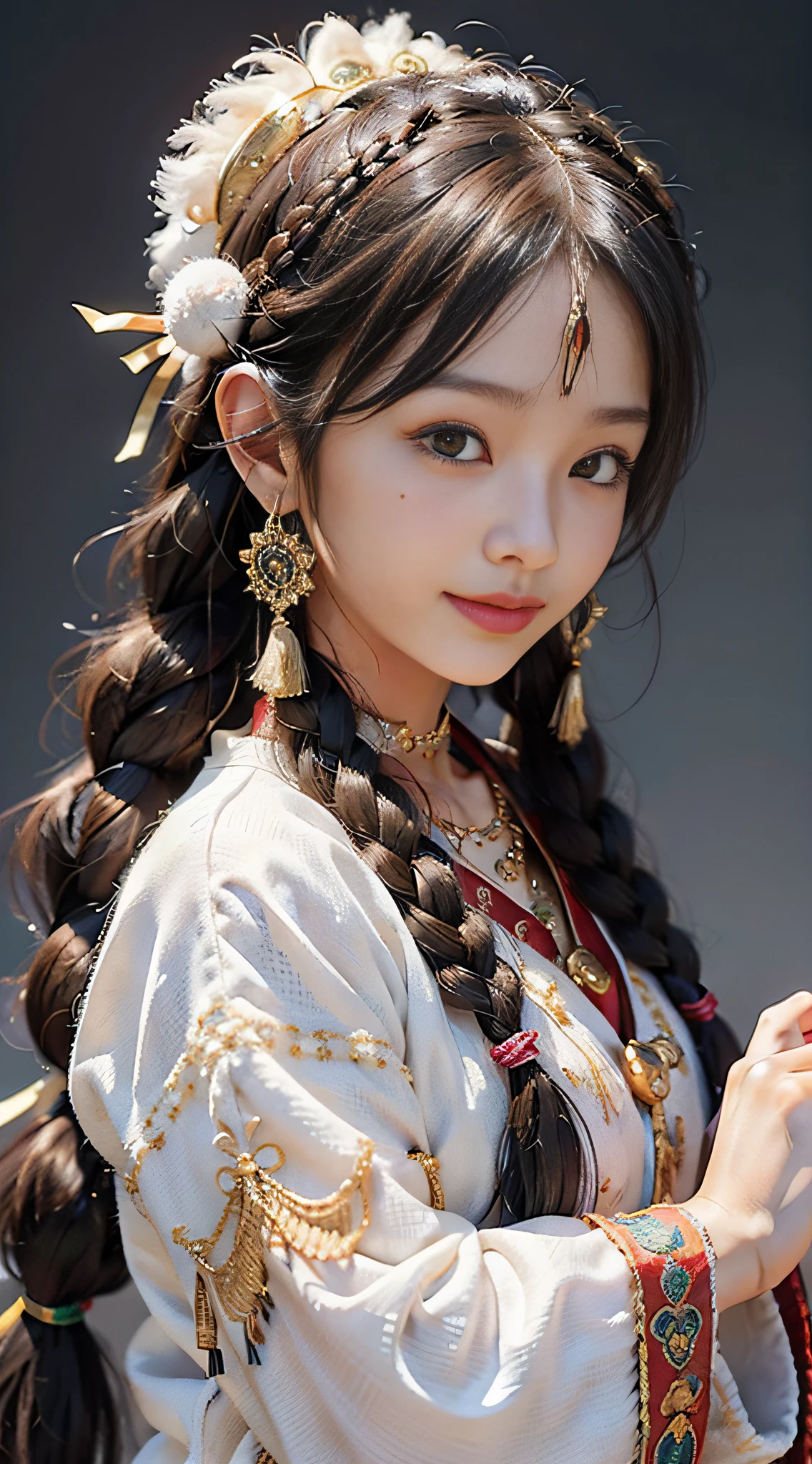 A girl, long braids, Tibetan girl, close-up, slightly raised head, smile, bust photo, upper body, appearance Yang transcendence, gorgeous Tibetan costume, cumbersome Tibetan necklace, cumbersome Tibetan headdress, fluff on clothes, white animal flull, real person CG, sweet style, film style, HD 4K