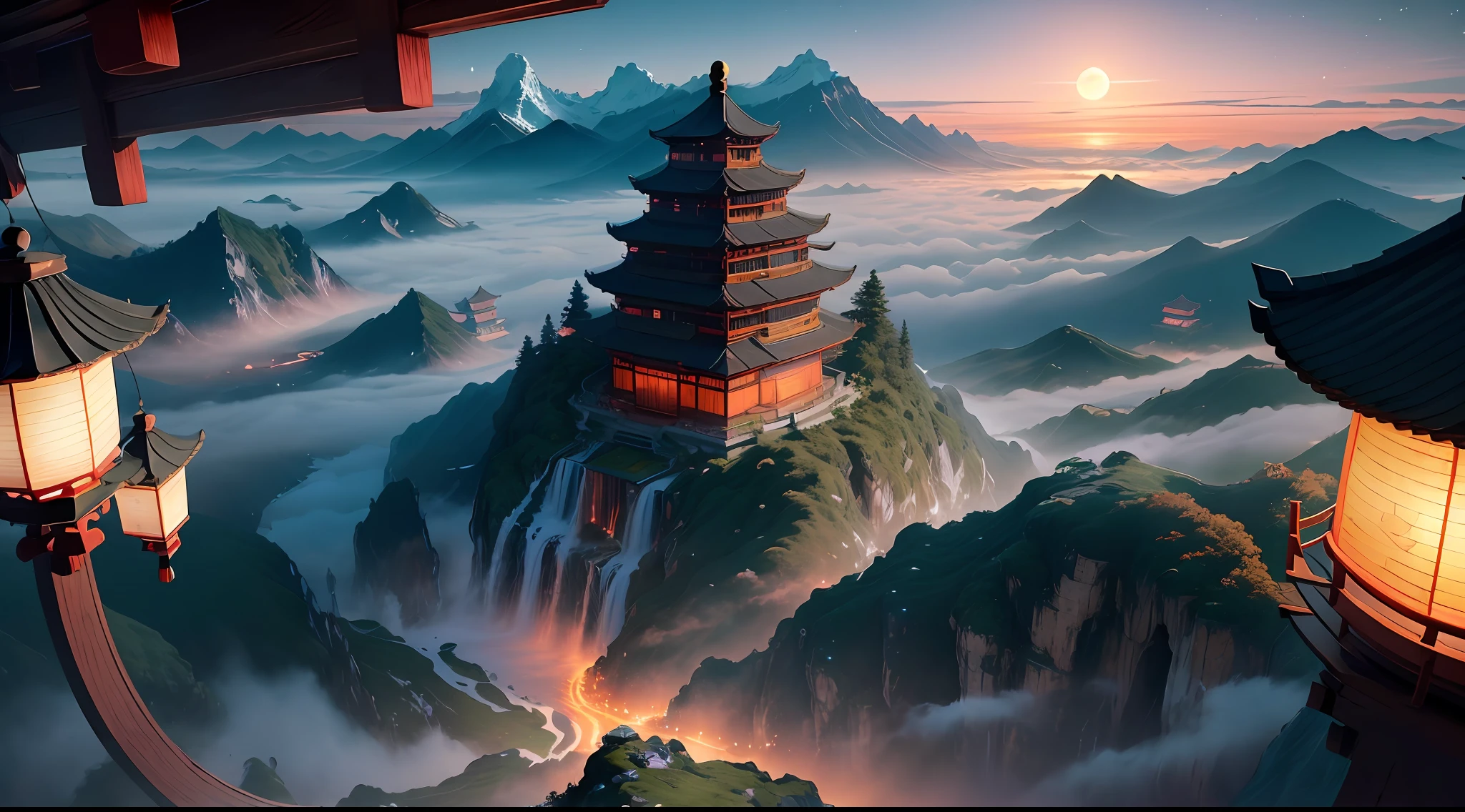 (Top view, high angle view, focus composition)), sunset gradient, moonlight night, halo, beautiful light, beautiful shadows, lighting effects, autumn, ancient Chinese architecture, (very spectacular sea of clouds, volume fog: 1.5)), there are many radial Chinese buildings on floating islands, many scattered buildings on high mountains, (huge Taoist incense burners, emitting exquisite and beautiful magical effects), waterfalls pouring down from the island, vast sea of clouds, spectacular waterfalls, a group of buildings, lanterns and sky lanterns floating in the air , Alpine, Starry Sky, Pastel Colors, Refreshing, Beautiful, Chinese Landscape Painting, Film Lighting, Fantasy, High Detail, (Close Up), (Chiaroscuro), Fine Facial Details, Film Lighting, (Depth of Field), UHD, --v6