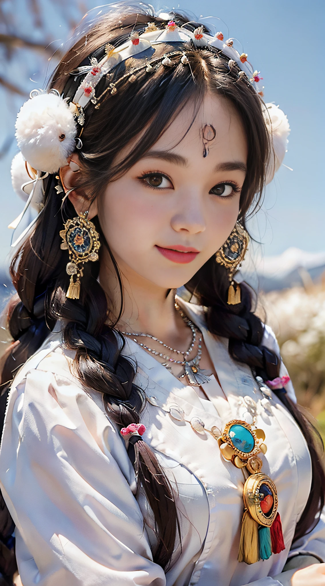 A girl, long braids, Tibetan girl, close-up, slightly raised head, smile, bust photo, upper body, fluff on clothes, white animal flull, appearance Yang transcendence, round face shape, gorgeous Tibetan clothing, cumbersome Tibetan necklace, cumbersome Tibetan headdress, real person CG, sweet style, film style, HD 4K