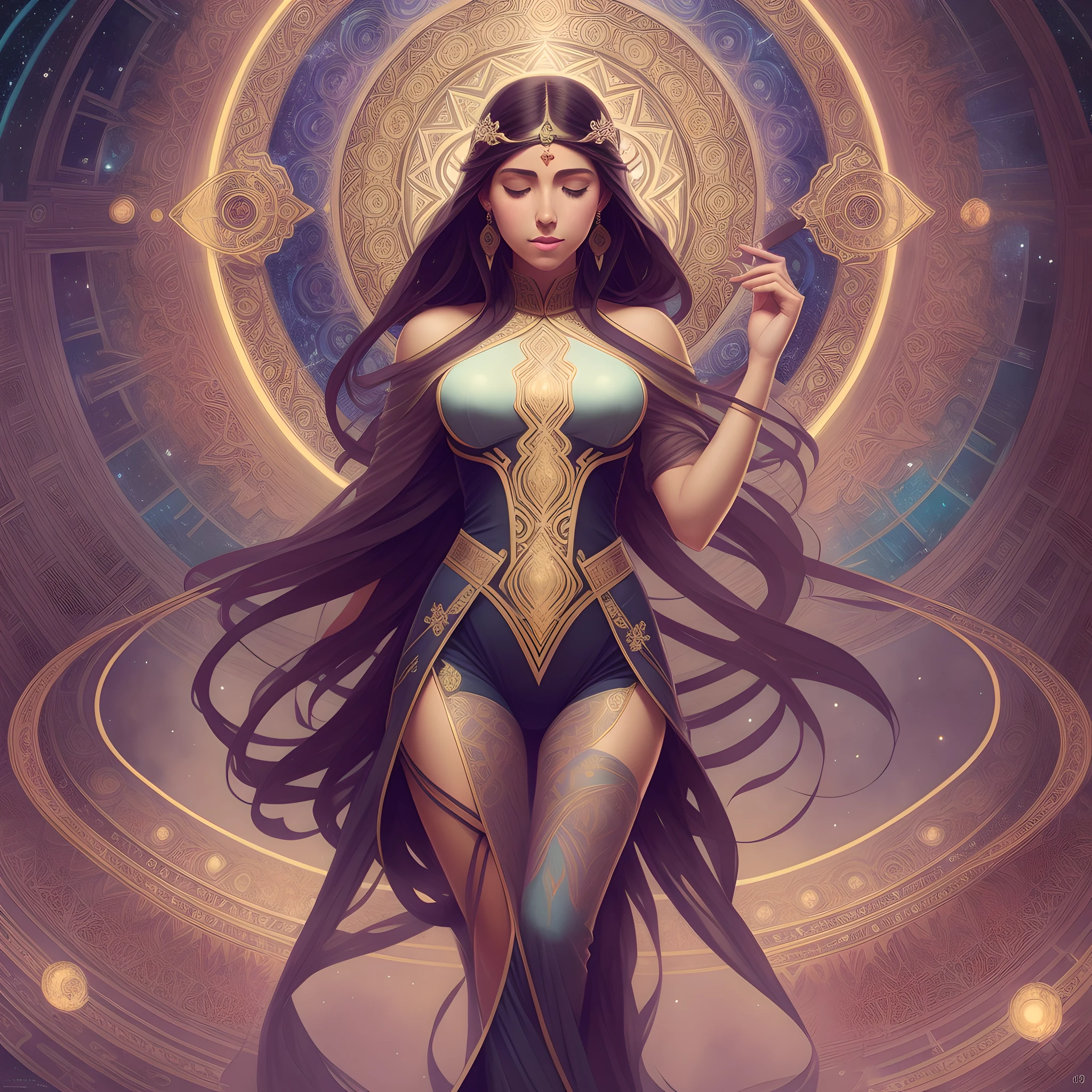 a beautiful latin woman, full body, looking at viewer, symmetric, eyes closed, slight smile, spirtual awakening, intricate details,
cosmic, ethereal, mystical, complicated environment, brush stokes, illuminating lights,
Greg Rutkowski, RHADS, Beeple, Makoto Shinkai, Lois van Baarle, Ilya Kuvshinov, Rossdraws, Tom Bagshaw, Alfonse Mucha,
masterpiece, ultra high res, high quality,