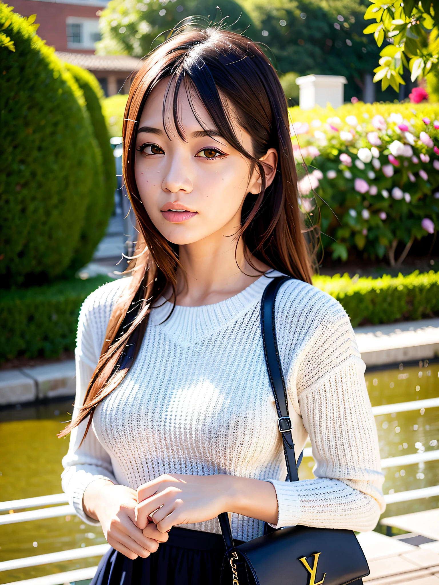 1girl walking on the river, mix4, sweater, lips, realistic, upper body, solo, holding a women bag, handbag, louis vuitton,(masterpiece),(photorealistic:1.3), ultra-detailed, (high detailed skin:1.2),(best quality:1.0), (ultra highres:1.0), (ulzzang-6500:0.3), wavy detailed hair, long hair, sunshine, (beautiful detailed makeup), (sexually aroused blushing heavy breathing:1.0), floral theme flower petals scattered, (soft glow bloom:0.5)