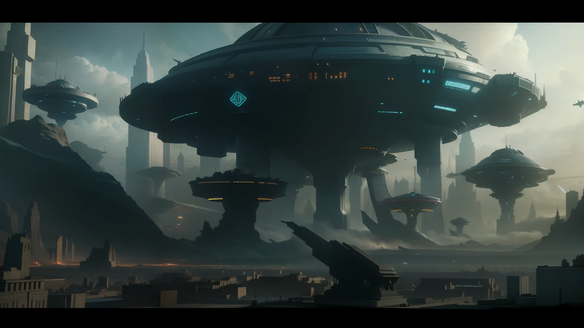 a close up of a futuristic city with a lot of flying objects, thor 2 marvel film, greig fraser cinematography, warcraft, ufo, warhammer 40000 in islam, still from star trek, by Karel Dujardin, cinematic opening shot, dredd --auto --s2