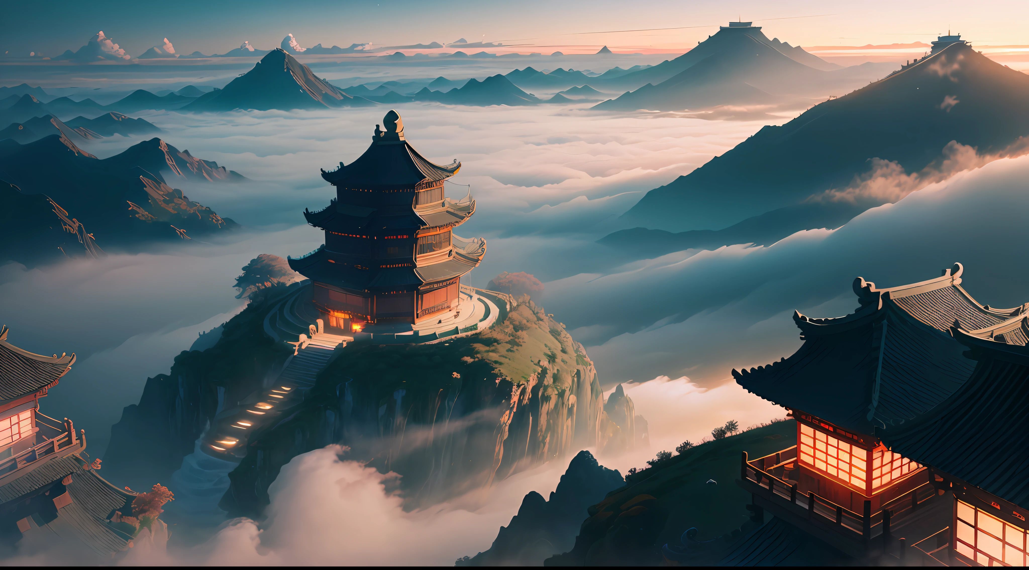 (Top view, high angle view, focus composition)), sunset gradient, moonlight night, halo, beautiful light, beautiful shadows, lighting effects, autumn, ancient Chinese architecture, (very spectacular sea of clouds, volume fog: 1.5)), there are many radial Chinese buildings on floating islands, many scattered buildings on high mountains, (huge Taoist incense burners, emitting exquisite and beautiful magical effects), waterfalls pouring down from the island, vast sea of clouds, spectacular waterfalls, a group of buildings, lanterns and sky lanterns floating in the air , Alpine, Starry Sky, Pastel Colors, Refreshing, Beautiful, Chinese Landscape Painting, Film Lighting, Fantasy, High Detail, (Close Up), (Chiaroscuro), Fine Facial Details, Film Lighting, (Depth of Field), UHD, --v6