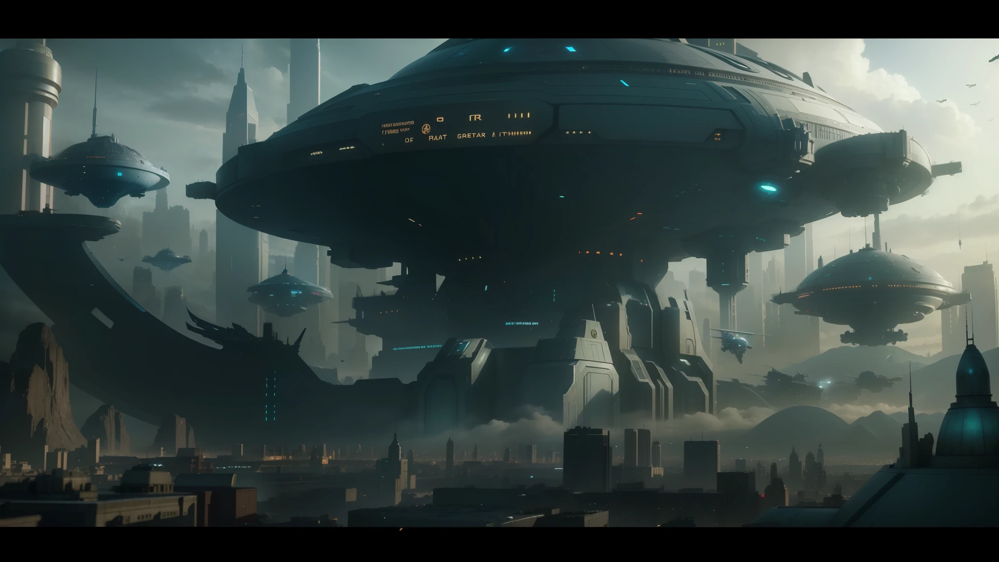 a close up of a futuristic city with a lot of flying objects, thor 2 marvel film, greig fraser cinematography, warcraft, ufo, warhammer 40000 in islam, still from star trek, by Karel Dujardin, cinematic opening shot, dredd --auto --s2