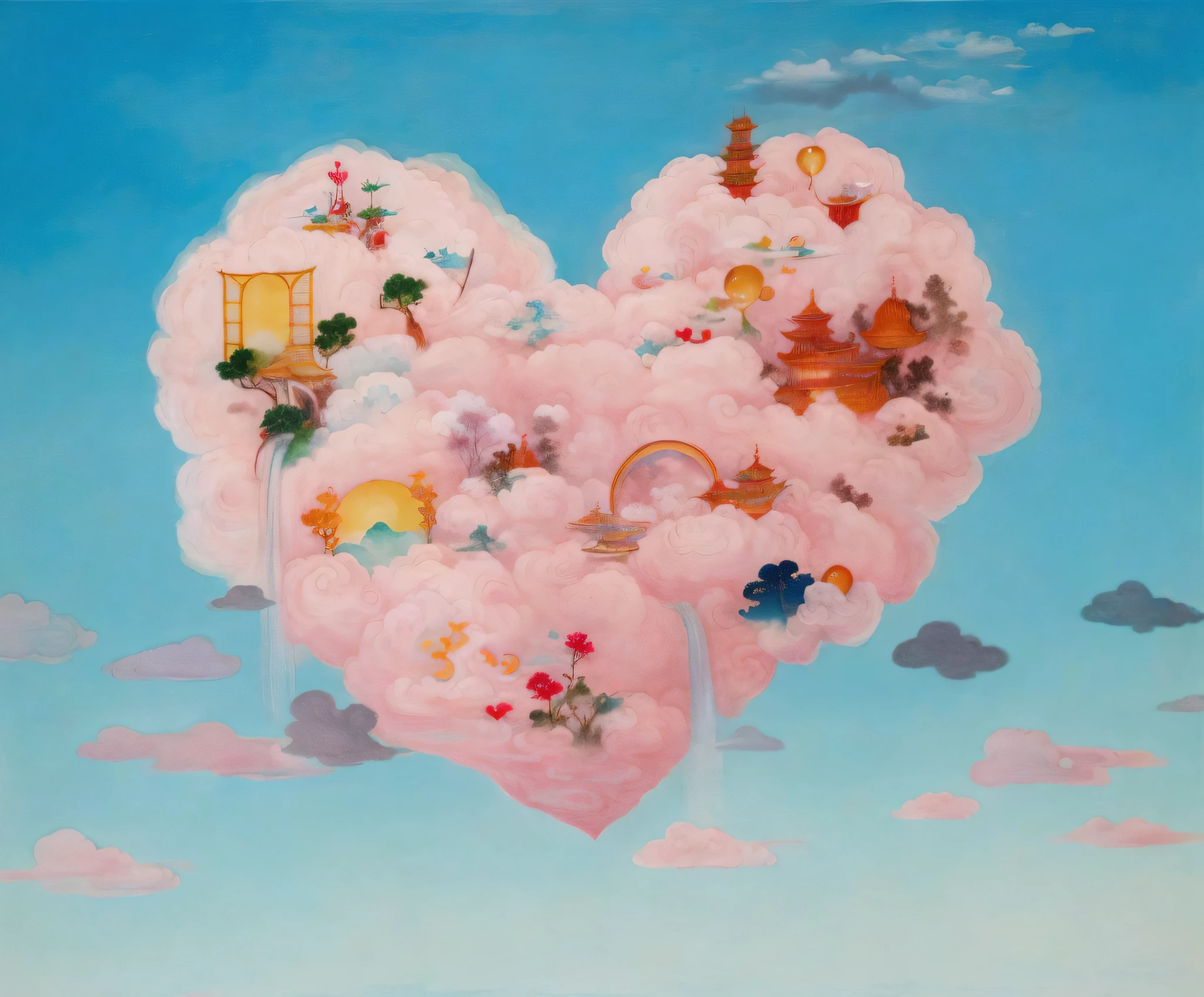 a painting of a heart shaped cloud with a waterfall and various things, dreamy painting of coronavirus, lie on white clouds fairyland, in the white clouds fairyland, masha krasnova, naoya tanaka, artwork, sha xi, floating lands in-clouds, in a cloud, artem chebokha, jane newland