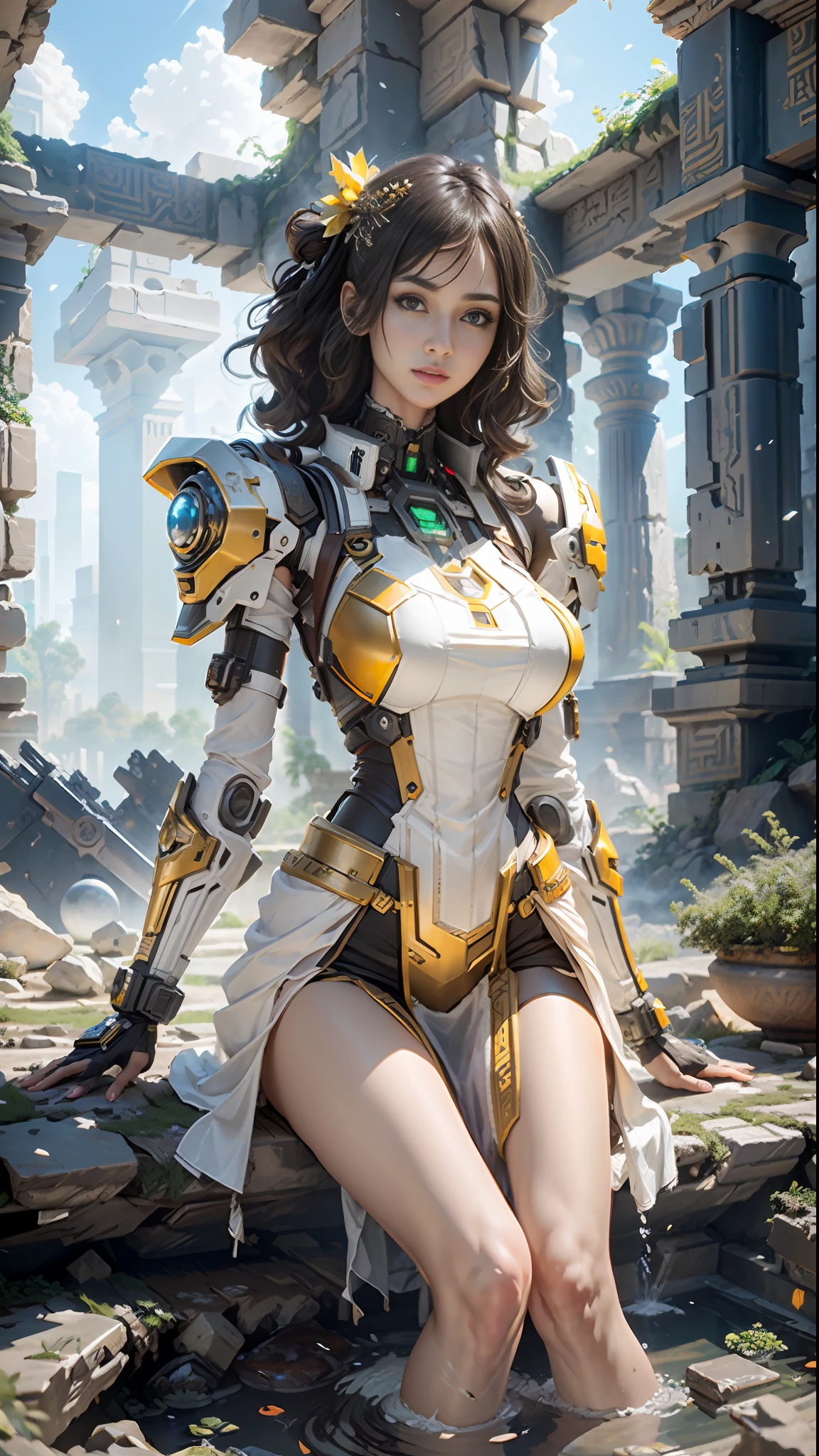 ((Best Quality)), ((Masterpiece)), (Very Detailed: 1.3), 3D, Shitu-mecha, Beautiful Cyberpunk Woman with Her Mech in the Ruins of a City in the Forgotten War, Ancient Technology, In an ancient Egyptian temple made of rough building materials, a woman dressed in traditional Egyptian clothing with sheer fabrics and adorned with golden jewelry is frolicking in a water basin at the center of the temple. HDR (High Dynamic Range), Ray Tracing, NVIDIA RTX, Super Resolution, Unreal 5, Subsurface Scattering, PBR Textures, Post-processing, Anisotropic Filtering, Depth of Field, Maximum Sharpness and Acutance, Multi-layer Textures, Albedo and Highlight Maps, Surface Shading, Accurate Simulation of Light-Material Interactions, Perfect Proportions, Octane Rendering, Two-tone Illumination, Low ISO, White Balance, Rule of Thirds, Wide Aperture, 8K RAW, High Efficiency Sub-Pixel, Subpixel Convolution, Luminous Particles, Light Scattering, The Tyndall effect