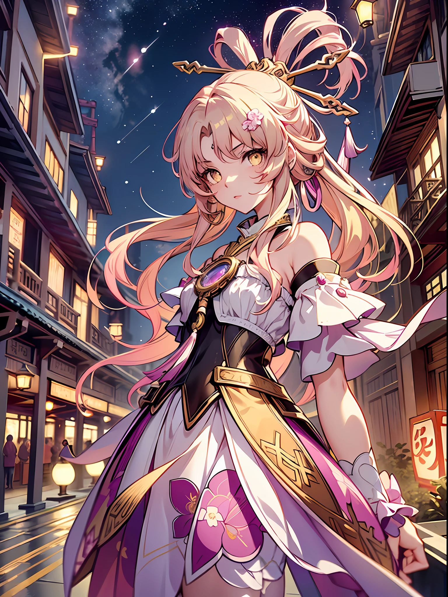 (illustration style, exquisite masterpiece, best picture quality), a 14-year-old anime girl wearing Hanfu, bright eyes and teeth, pink hair in a bun, fluttering hem, golden hair ornaments embellishments, light blonde eyes and small, dynamic posture, picture in line with the golden ratio, large aperture portrait, white space, strong light and shadow contrast), bright tones, dignified and elegant, night view of the ancient city, multi-perspective transformation, Kong Ming lantern rising in the sky, background blur, classical style, white and pink as the main tone, full of details