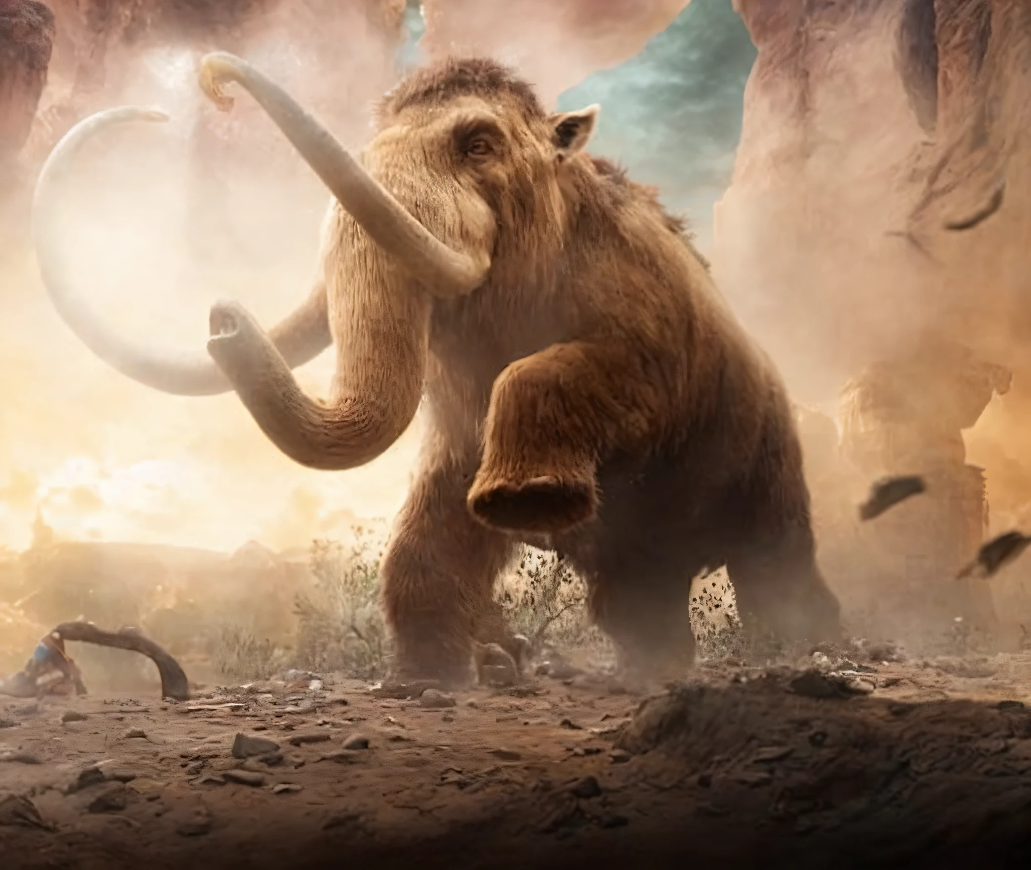 there is a large mammoth walking through a desert area with a man in a blue hat, golden mammoth in a ruined city, mammoth, cg art, 3 d render and matte painting, weta workshop concept art, wojtek fus, pre - historic, by Adam Marczyński, realistic photography paleoart, realistic paleoart, prehistoric, an ancient creature