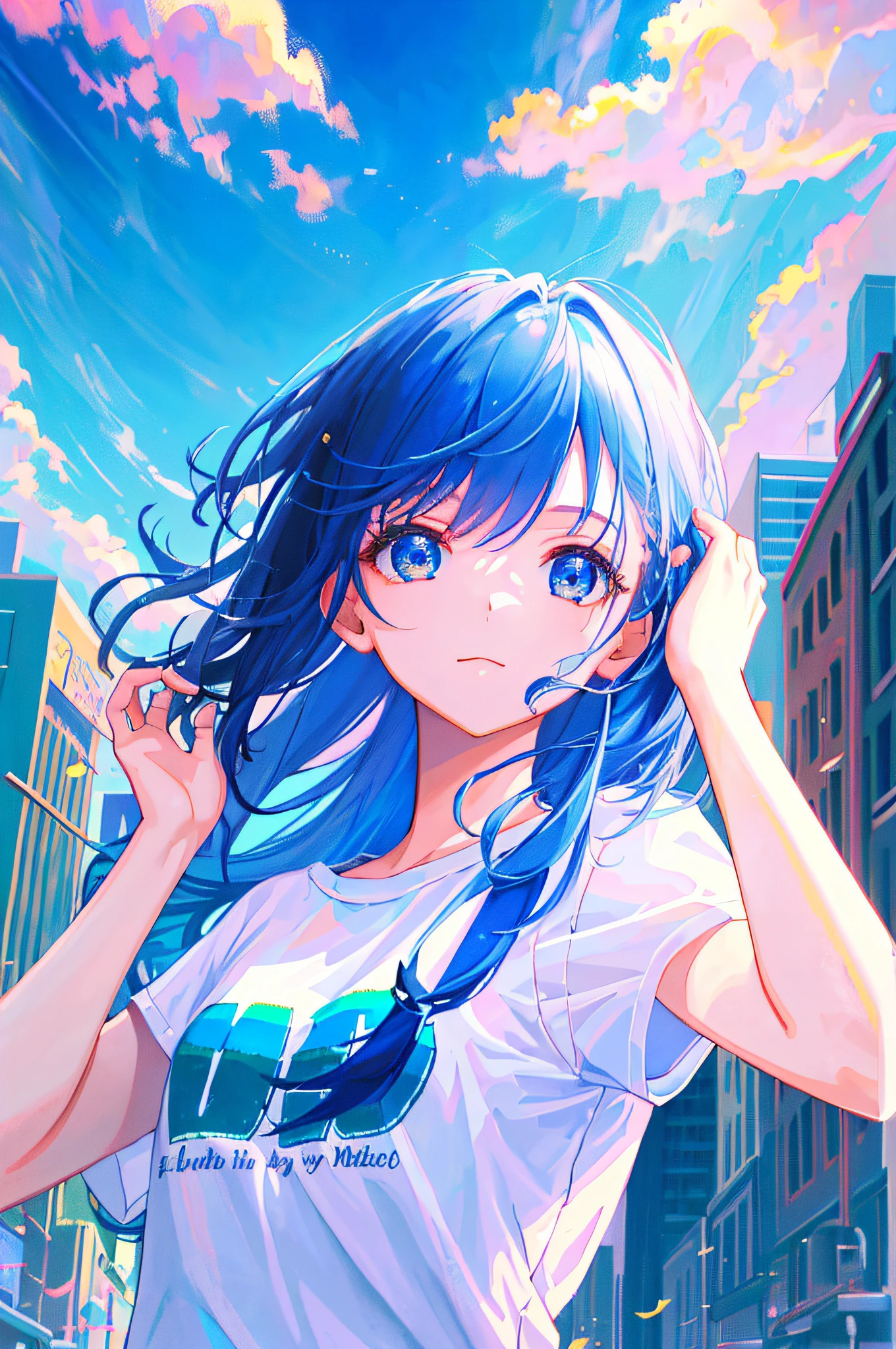 1girl, masterpiece, top quality, highly detailed, movie lighting, high resolution, official art, detailed beautiful face and eyes, high resolution illustration, 8k, blue hair, bangs, "Hello" letters on white t-shirt, blue sky, clouds