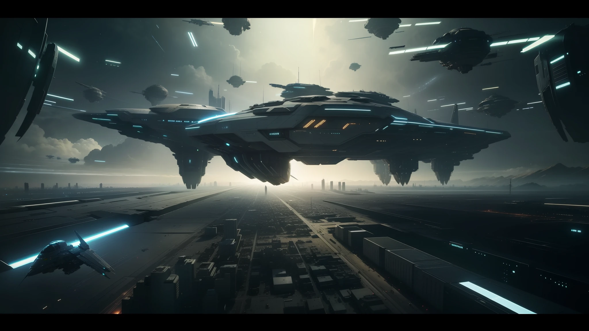 spaceships flying over a city in a sci - fi environment, eve online movie still, wh40k, inspired by Ryoji Ikeda, bigstudiovfx, in screenshot from the 300 movie, movie promotional image, still from despicable me 2010, monolithic --auto --s2