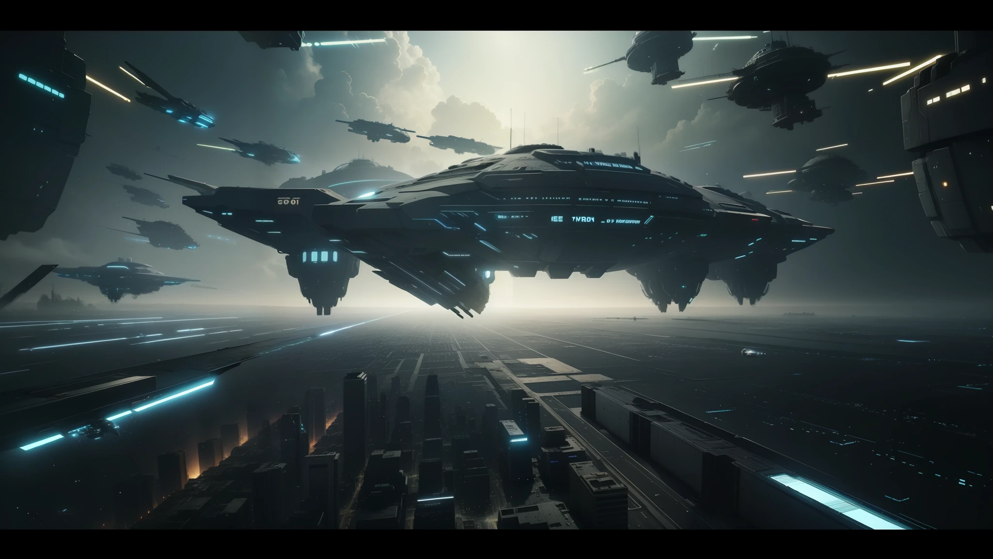 spaceships flying over a city in a sci - fi environment, eve online movie still, wh40k, inspired by Ryoji Ikeda, bigstudiovfx, in screenshot from the 300 movie, movie promotional image, still from despicable me 2010, monolithic --auto --s2