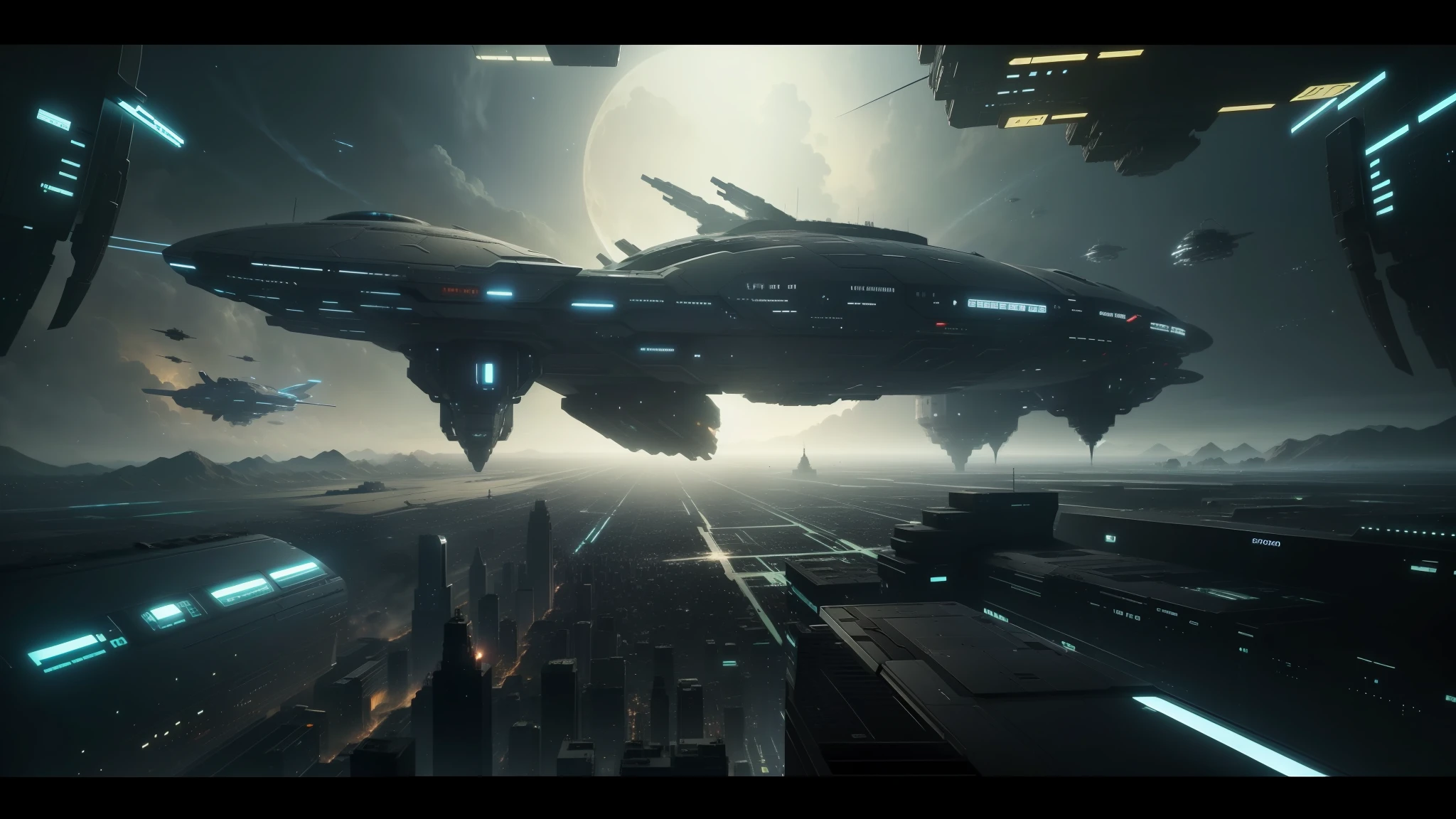 spaceships flying over a city in a sci - fi environment, eve online movie still, wh40k, inspired by Ryoji Ikeda, bigstudiovfx, in screenshot from the 300 movie, movie promotional image, still from despicable me 2010, monolithic --auto --s2
