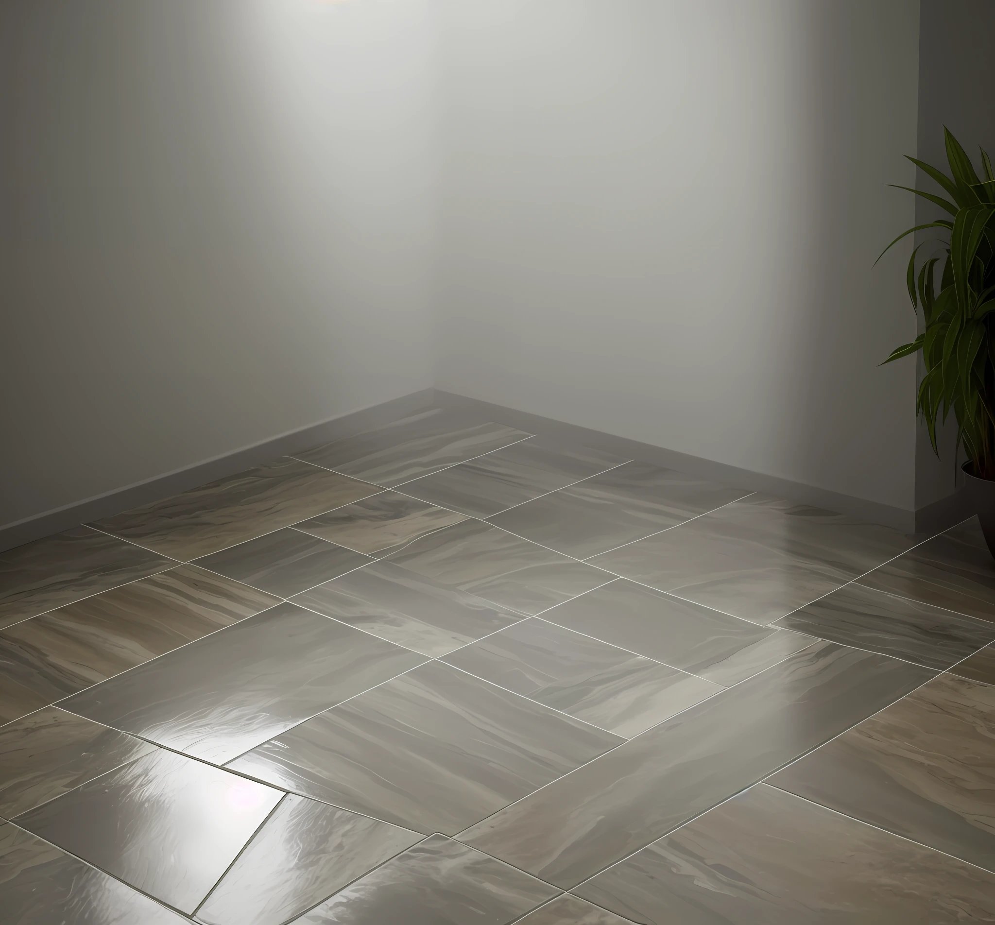 There is a plant in a pot on the floor next to the wall, bottom angle, corner, detailed image, scenic vista, marble floor, floor fog, basic background, wall corner, curved, floor tile, platinum, high-end, smoke on the floor, gradient brown to silver, aluminum, tile room square waterway --auto --s2