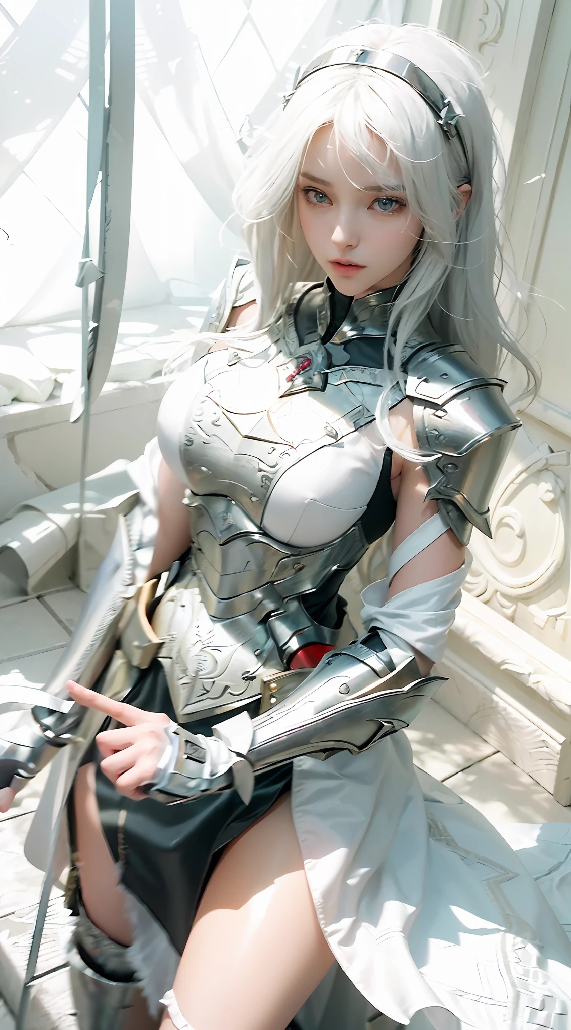 ((Best Quality)), ((Masterpiece)), (Details: 1.4), 3D, A Beautiful Female Knight, (Long White Hair: 1.9), (Red Eyes: 1.7), (Armor: 1.5), Sabre, Temple Background, Gothic Chapel, HDR (High Dynamic Range), Ray Tracing, NVIDIA RTX, Super-Resolution, Unreal 5, Subsurface Scattering, PBR Texture, Post Processing, Anisotropic Filtering, Depth of Field, Maximum sharpness and sharpness, multi-layer textures, albedo and highlight maps, surface shading, accurate simulation of light-material interactions, perfect proportions, Octane Render, two-color light, large aperture, low ISO, white balance, rule of thirds, 8K RAW,