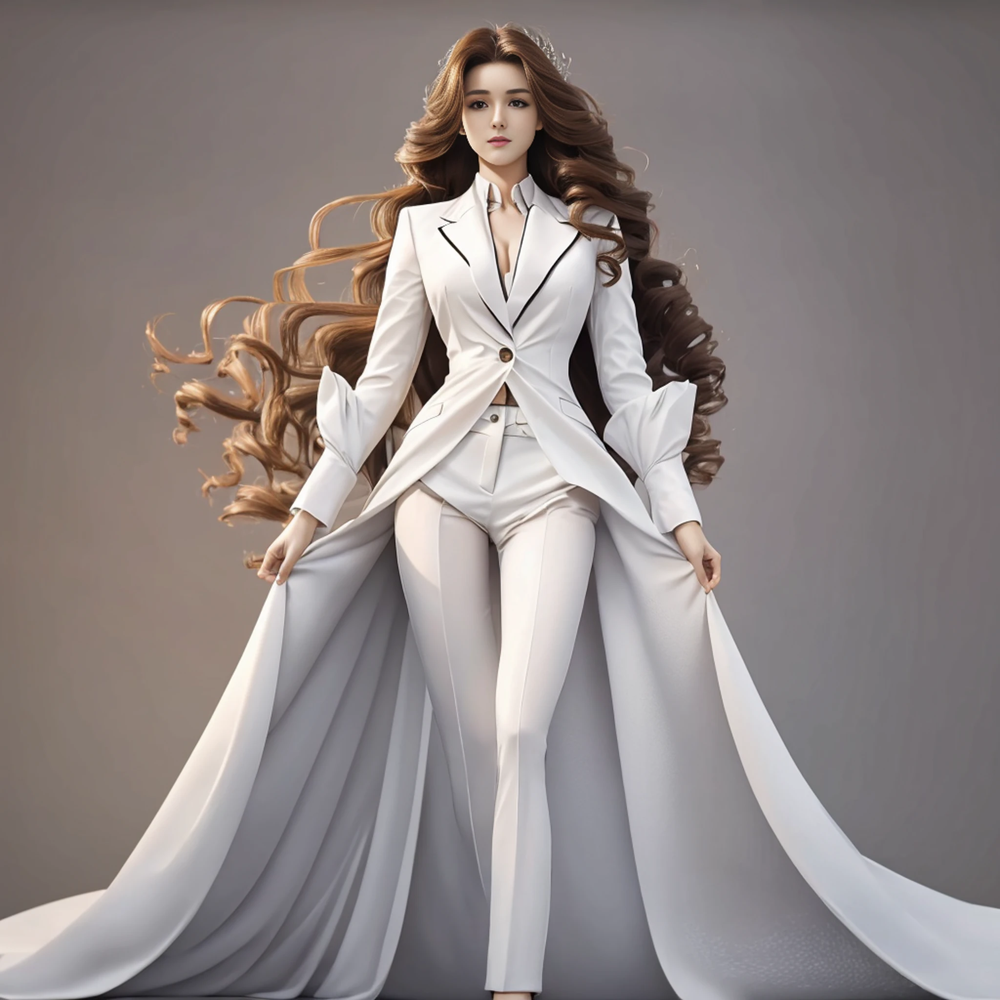 CG picture with ultra-fine details, best quality picture quality, pure white shirt in European and American suits, long curly hair and graceful appearance, elegant and dignified face, ultra-high-definition long legs.