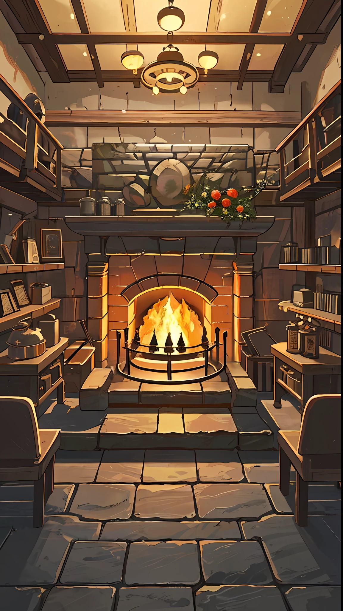 (Perfect quality, masterpiece), there is a large forging room, huge forging furnace, huge forge furnace full of firelight, Nordic style forging furnace, fireplace facing shot, no perspective lens, orthographic lens, Nordic style forging room background, background art, forging room full of fire elements, anime, background art, 8k, game orthographic view, top view, weapon rack displaying weapons, stele valley game style, rich details, super fine paintings, magic elements, ore, burning forge furnace