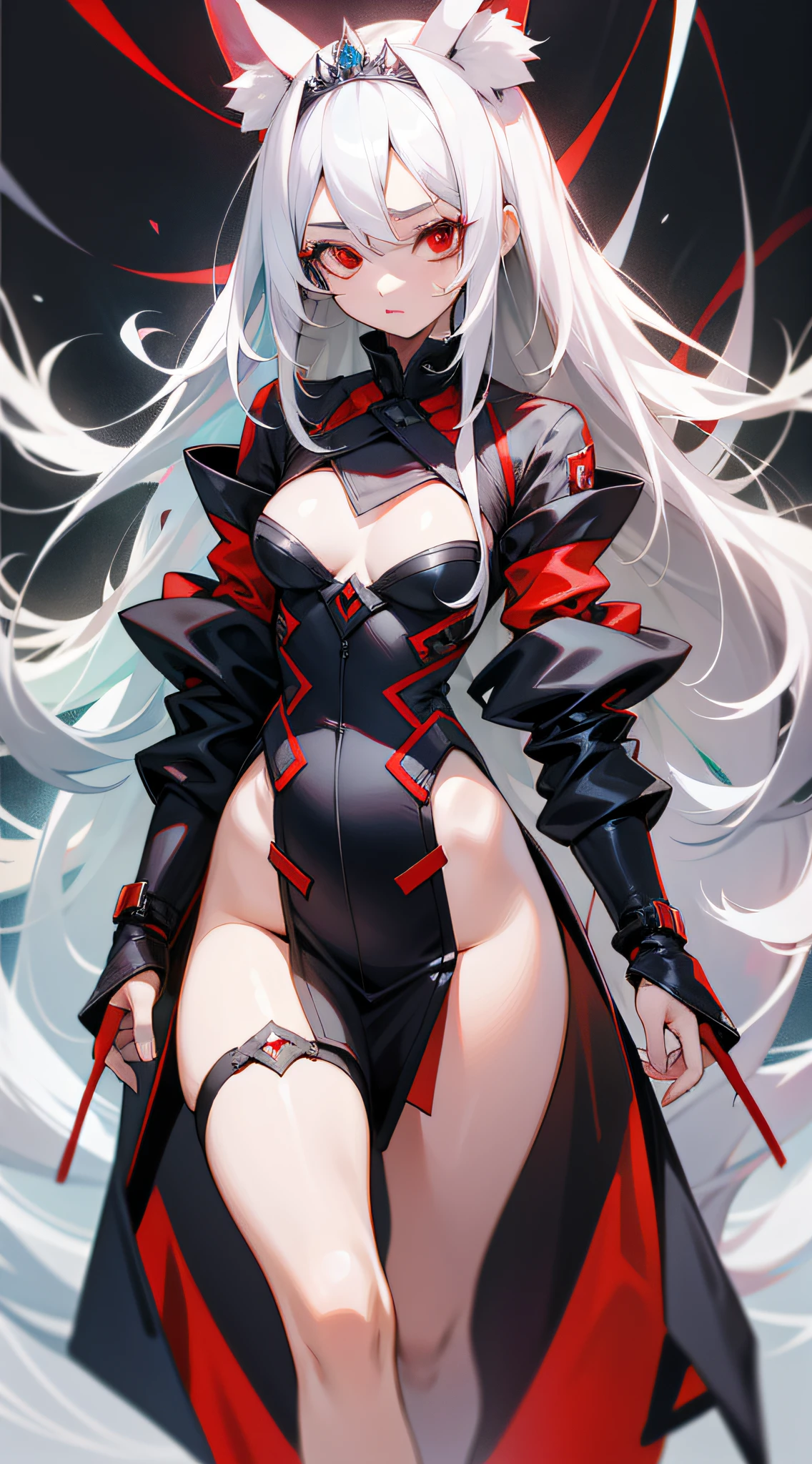High Resolution , High Quality, 1 Girl, Full Body, Red Eyes, Long Hair, White Hair, Odd Eye, Frontal Look, , In-Screen, Head to Toe, Tiara, No Animal Ears