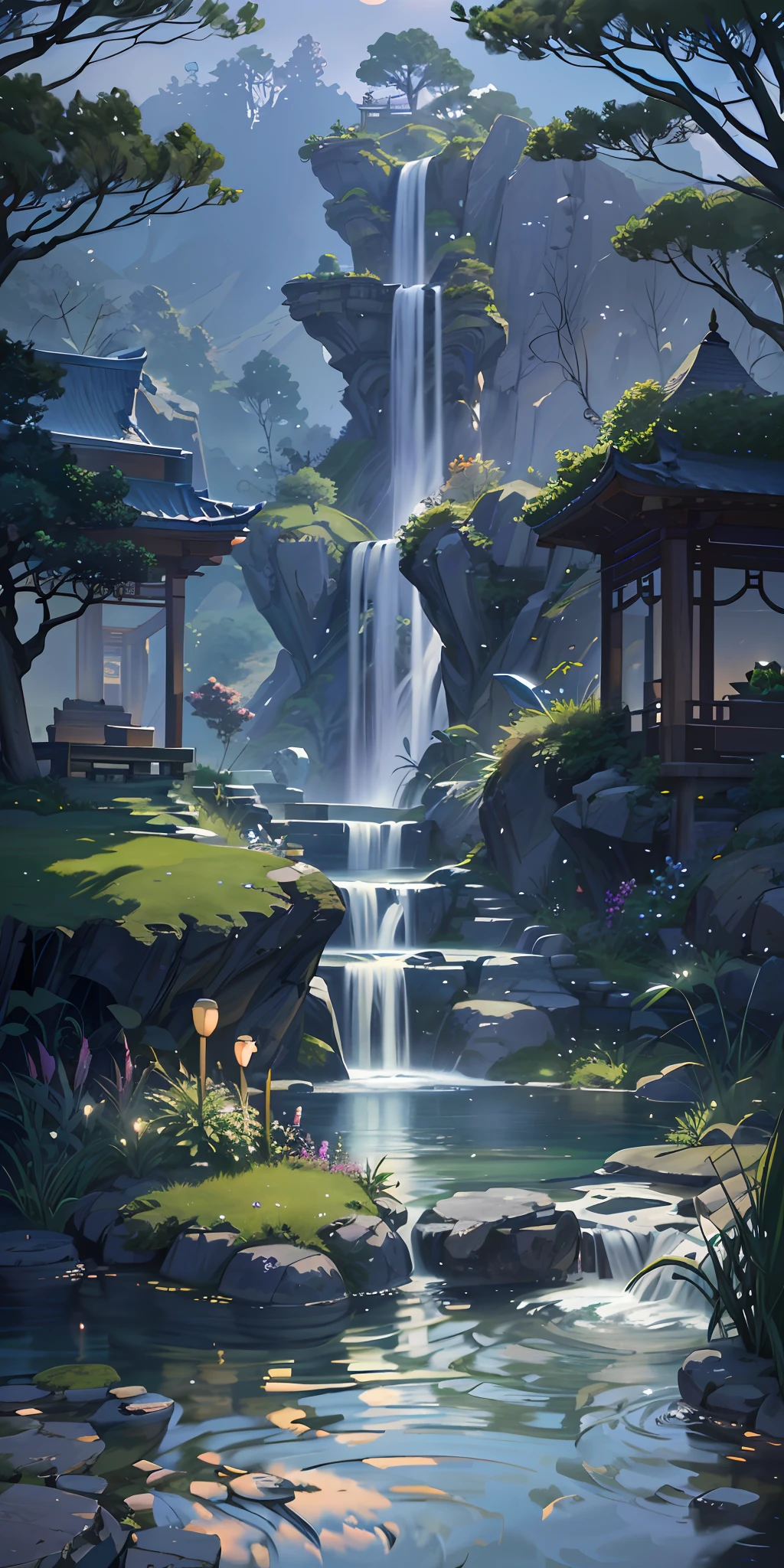 Ancient Chinese architecture, moon, midnight, garden, bamboo, lake, stone bridge, rockery, arch, corner, tree, running water, landscape, outdoor, waterfall, grass, rock, water lily, hot spring, water vapor, (Illustration: 1.0), Epic composition, realistic lighting, HD details, masterpiece, best quality, (very detailed CG unity 8k wallpaper), (very detailed CG unity 8k wallpaper), (very detailed CG unity 8k wallpaper), (very detailed CG unity 8k wallpaper), (very detailed CG unity 8k wallpaper), (very detailed CG unity 8k wallpaper), (very detailed CG unity 8k wallpaper), (very detailed CG unity 8k wallpaper), (very detailed CG unity 8k wallpaper), wallpaper (best quality)