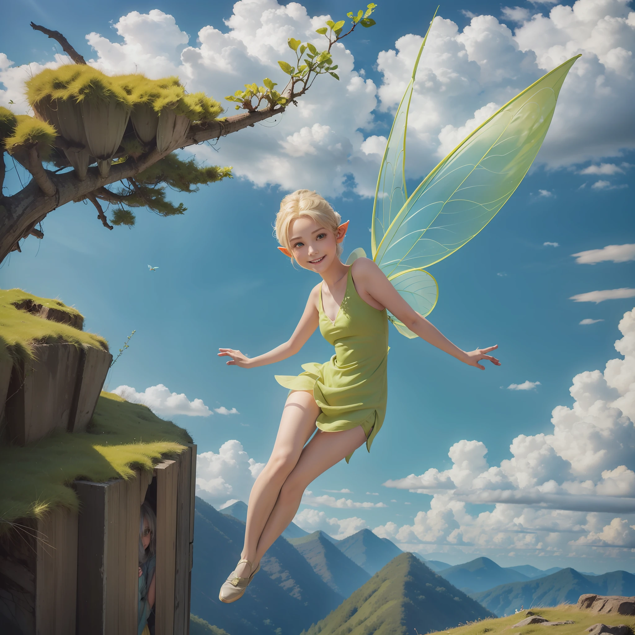 Dull yellow hair, green clothes, short, elf, transparent wings, forest, (fairy tale world), 1girl, smiling, figure, petite, (cute), (body flying floating)), close up, blue sky and white clouds, clouds