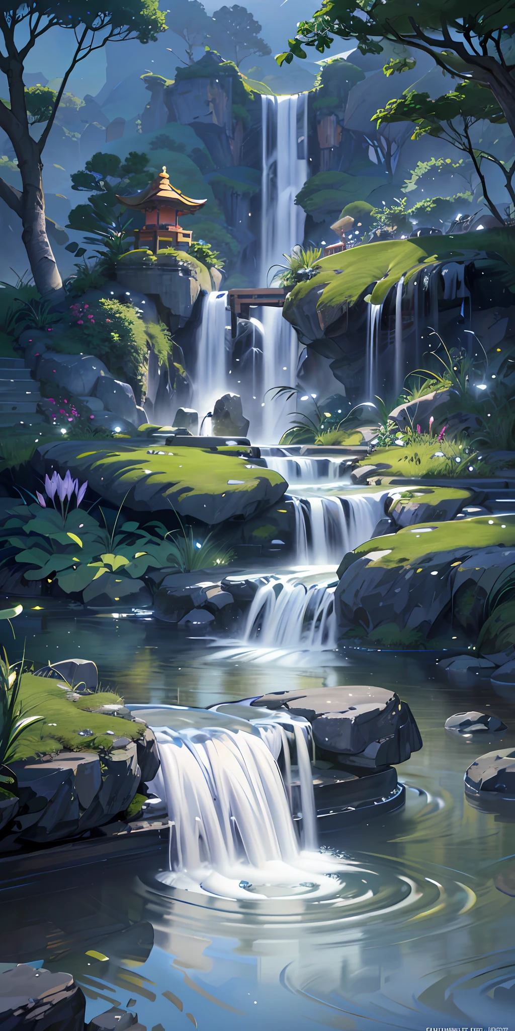 Ancient Chinese architecture, moon, midnight, garden, bamboo, lake, stone bridge, rockery, arch, corner, tree, running water, landscape, outdoor, waterfall, grass, rock, water lily, hot spring, water vapor, (Illustration: 1.0), Epic composition, realistic lighting, HD details, masterpiece, best quality, (very detailed CG unity 8k wallpaper), (very detailed CG unity 8k wallpaper), (very detailed CG unity 8k wallpaper), (very detailed CG unity 8k wallpaper), (very detailed CG unity 8k wallpaper), (very detailed CG unity 8k wallpaper), (very detailed CG unity 8k wallpaper), (very detailed CG unity 8k wallpaper), (very detailed CG unity 8k wallpaper), wallpaper (best quality)