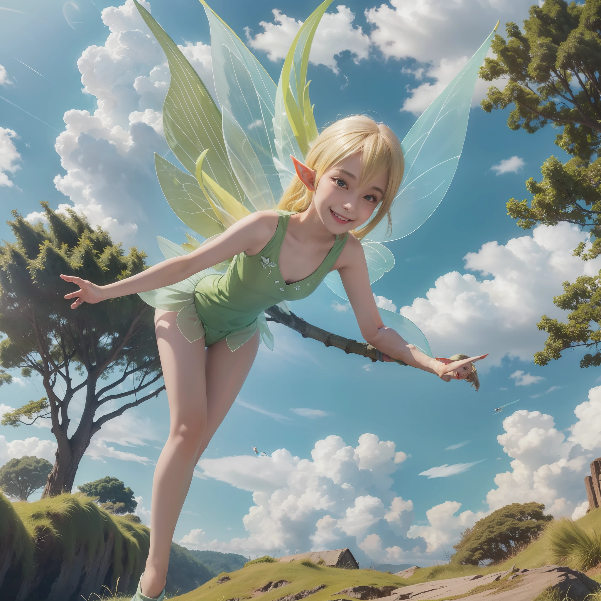 Dull yellow hair, green clothes, short, elf, transparent wings, forest, (fairy tale world), 1girl, smiling, figure, petite, (cute), (body flying floating)), close up, blue sky and white clouds, clouds