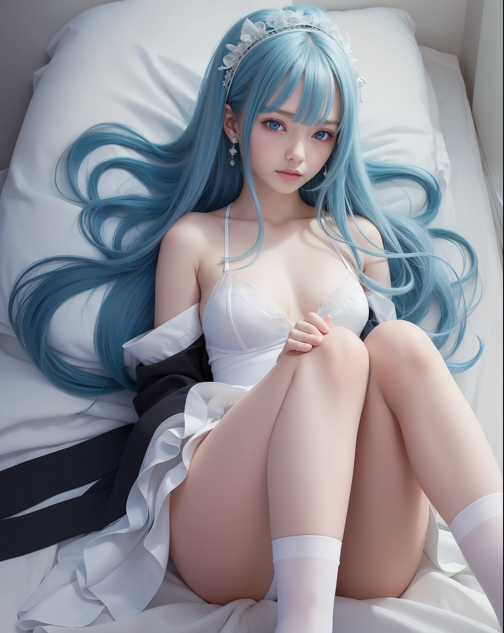 Best image quality, super high resolution, (real photo: 1.4), Japan person, 18 years old, front view, sky blue hair, long hair, blue eyes, (thin body), pale skin like android, small chest, bend both knees, hold both knees with hands, thin legs, white high heels, smile, cute, light makeup, white cloak, black string tie, sky blue dress, white lingerie visible under the dress, white panties, Short skirt, princess line, small teardrop earrings, on bed, five fingers, two legs