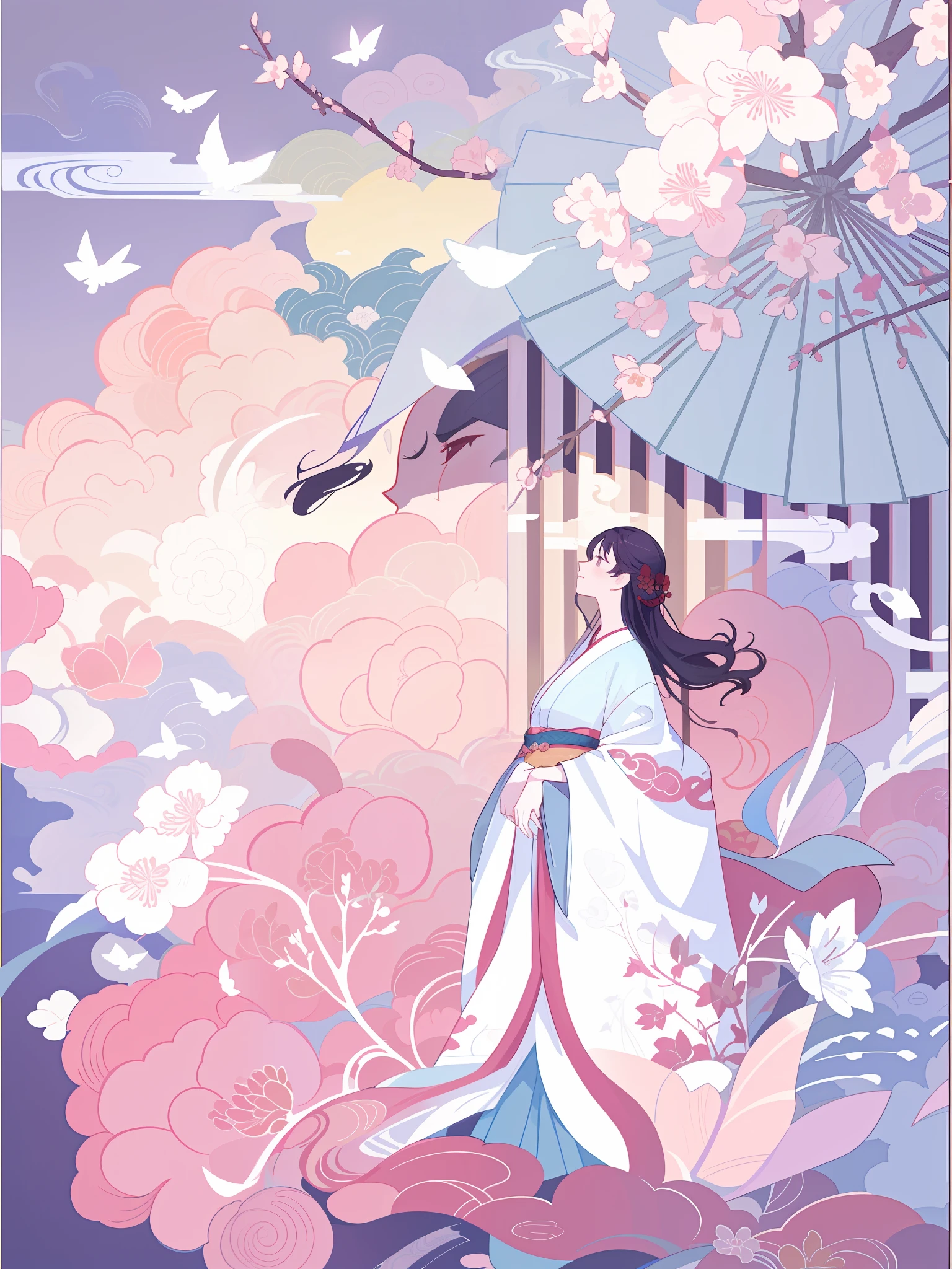 There are three huge peach blossoms in the palace: 1.5, beautiful artwork illustration, flowing peach blossom colored silk, ukiyo-e art style - e, Japanese inspired poster, Japanese art style