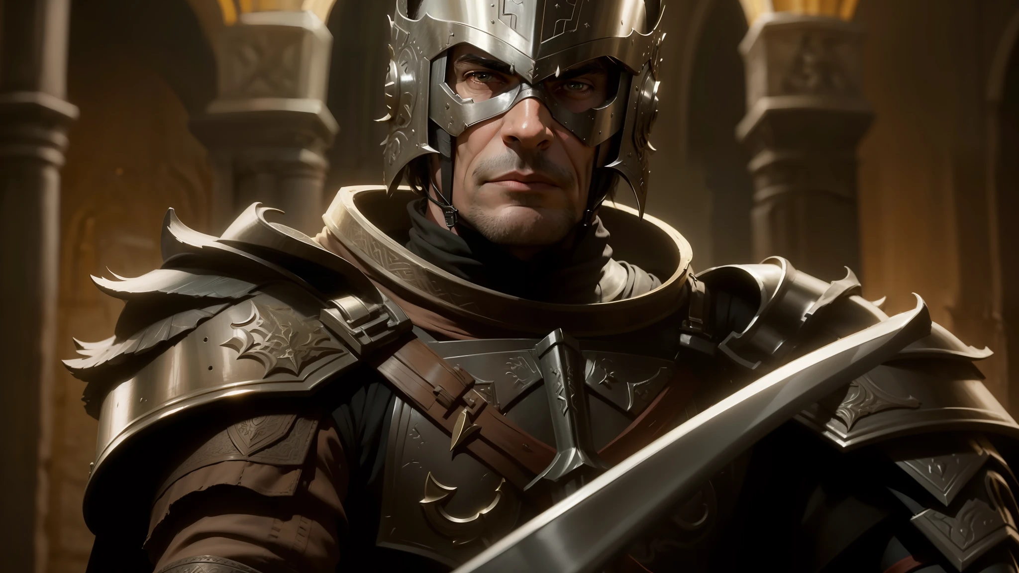 a close up of a man in armor holding a sword, beautiful helms deep, rowan atkinson, symmetrical dieselpunk warrior, ares, clothed in worrier armor, samarkand, he wears dark visors, jeffrey epstein, metal ears, thomas jane, morrowind, powerful chin, 8khdr, khreschatyk, intricate legendary armor --auto --s2