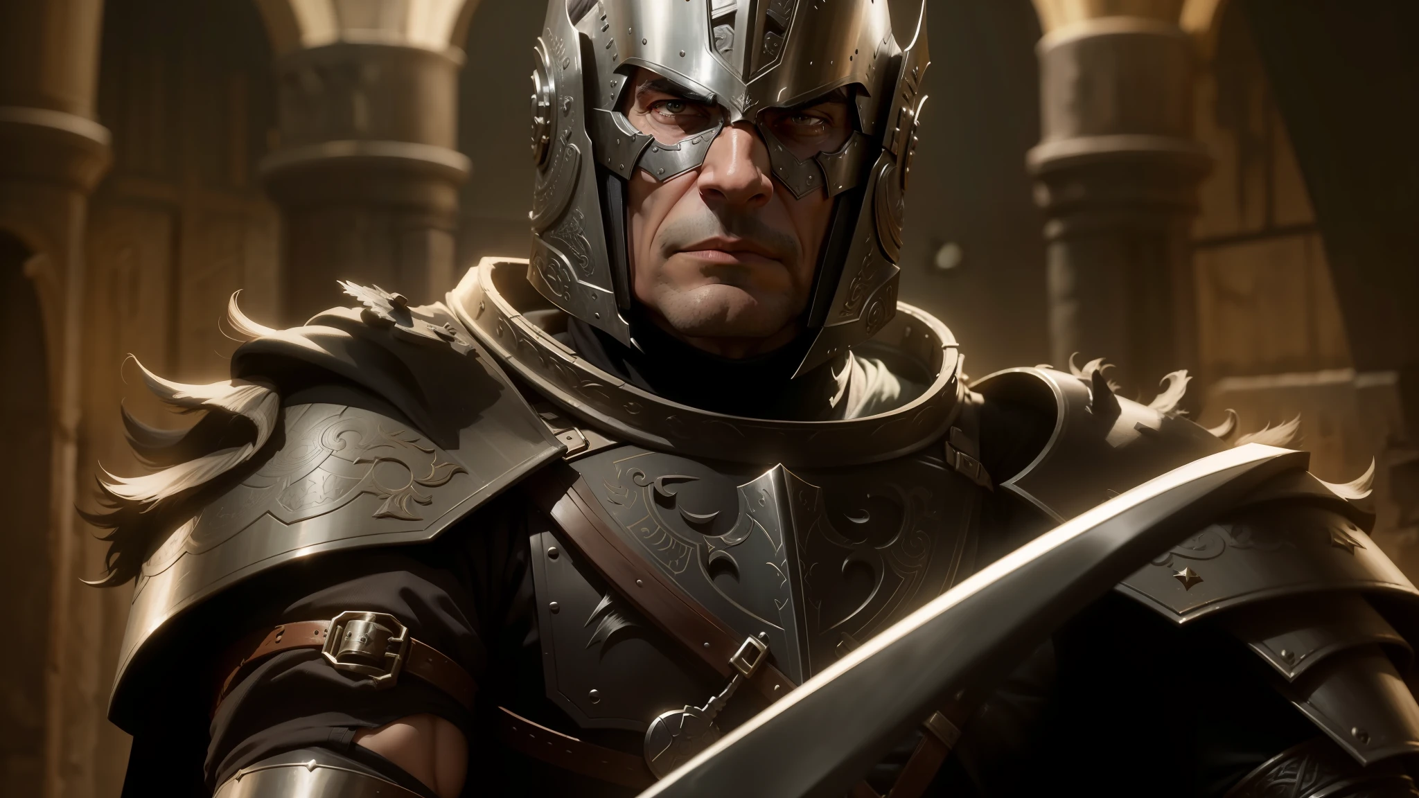 a close up of a man in armor holding a sword, beautiful helms deep, rowan atkinson, symmetrical dieselpunk warrior, ares, clothed in worrier armor, samarkand, he wears dark visors, jeffrey epstein, metal ears, thomas jane, morrowind, powerful chin, 8khdr, khreschatyk, intricate legendary armor --auto --s2