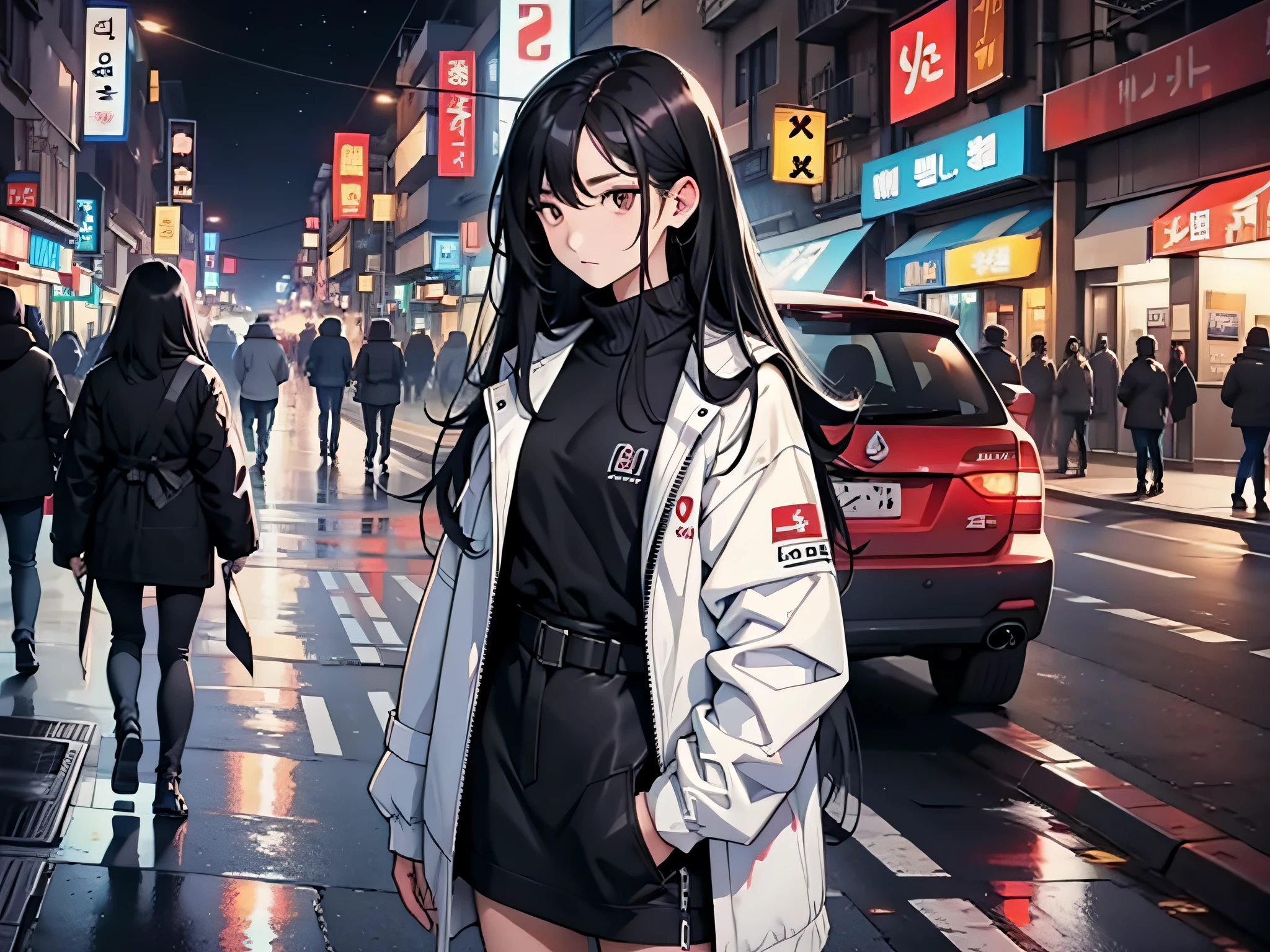 Long black hair, Korean beauty, long legs, white down jacket, street, night, questioning expression