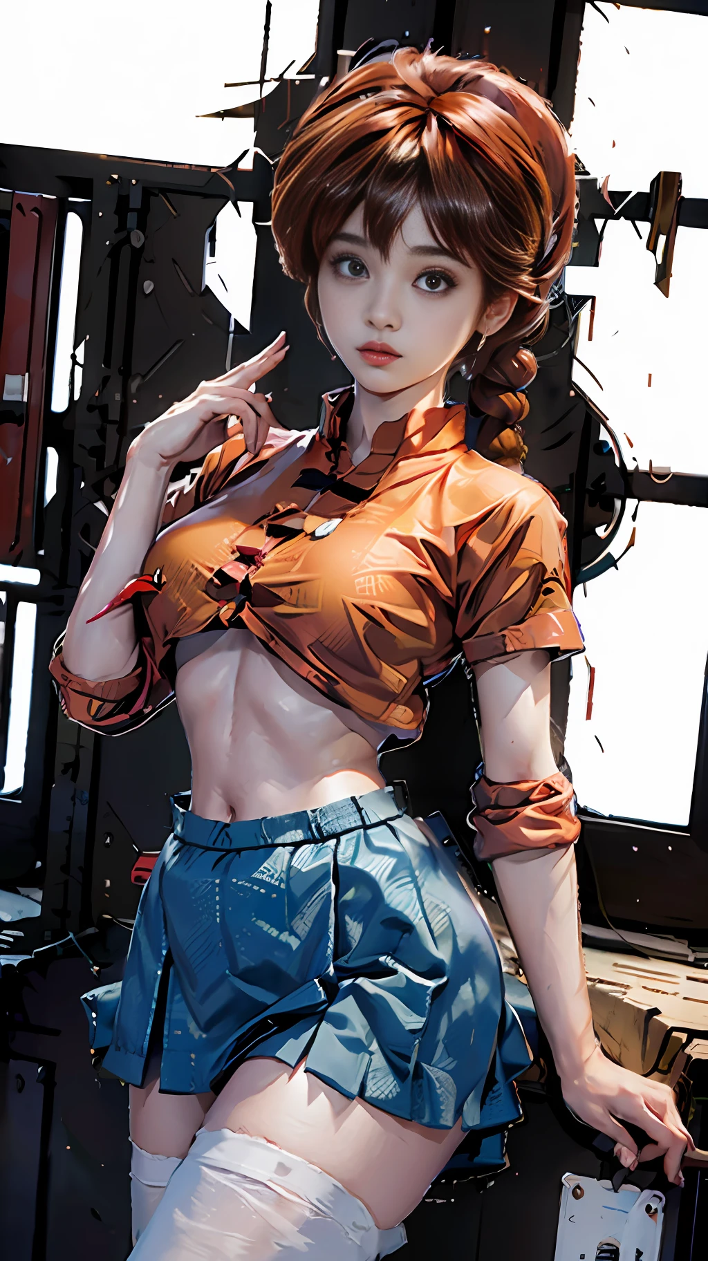 ((Ranma-chan: 5)) Best Quality, Ultra High Resolution, Masterpiece, (Realisticity: 1.6), 16K, (1girl with open belly button), white stockings, rainforest, flowers, braided ponytail, single ginger braid, school uniform skirt, (upskirt), (underboob), big breast, erect under the top, extra-fine clothing material,, visible through the top