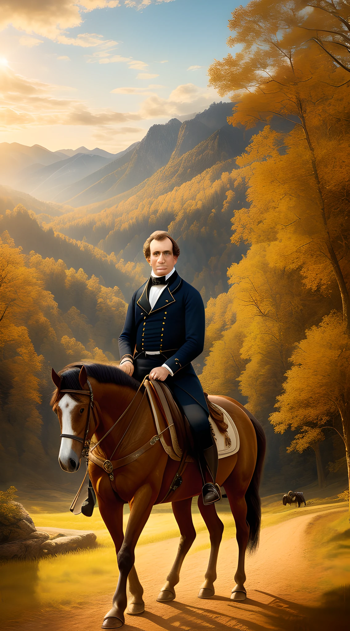 (masterpiece), best quality, ultra-detailed CG unity artwork, stunning outdoor scene, (realistic style:1.2), President Franklin Pierce (confidently riding his horse:1.1) dressed in 19th-century attire, (dynamic pose:1.1), vast landscape, clear sky, (golden hour:1.2), (vibrant colours:1.1)